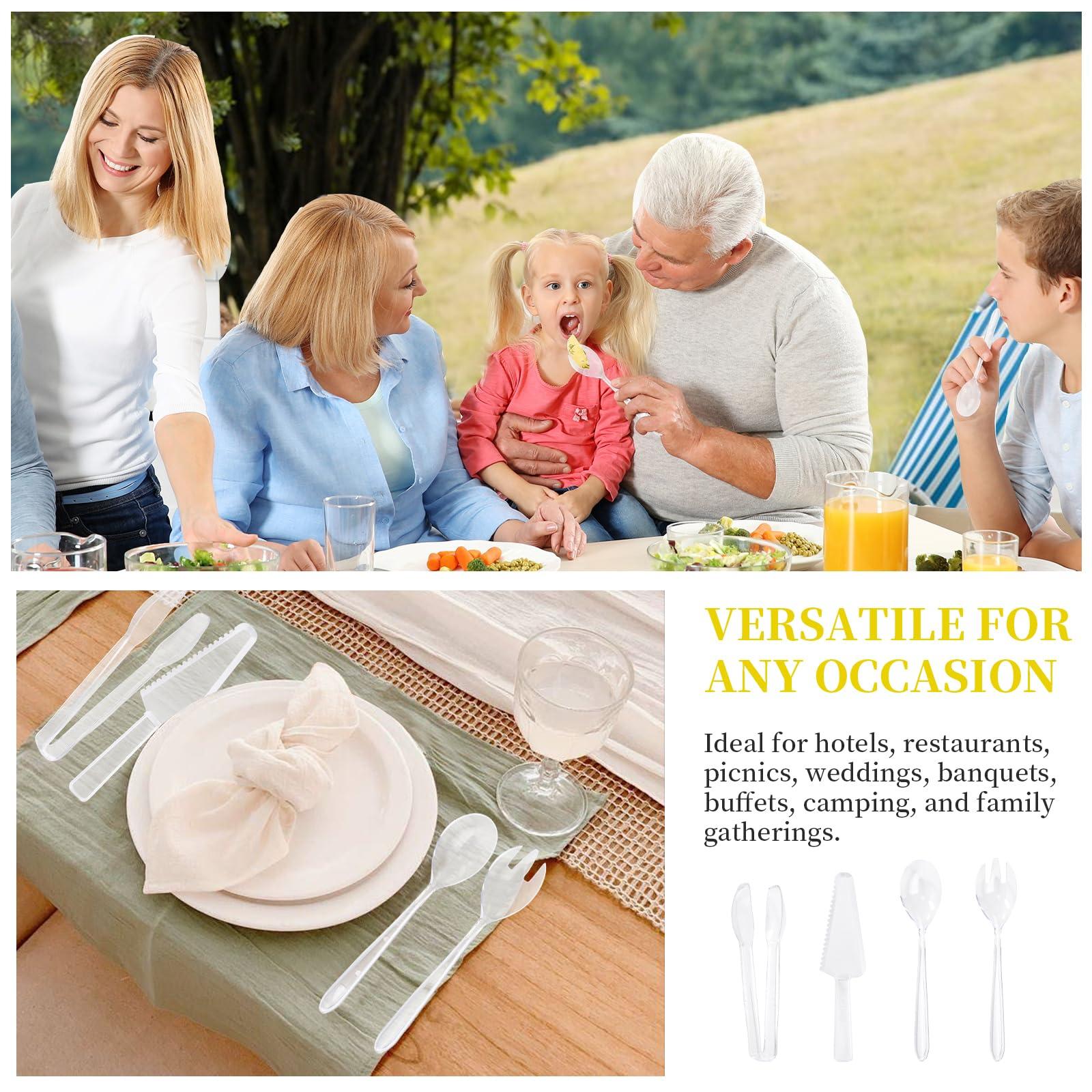 TANEMUDO 32 Pcs Disposable Plastic Serving Utensils Set with 8 Pcs 9.7" Spoons Forks, 8 Pcs 9.5" Knives, and 8 Pcs 6.3" Tongs for Serving Food, Cake, Birthday Party, Buffet, and Cutlery (Clear) - Image 7