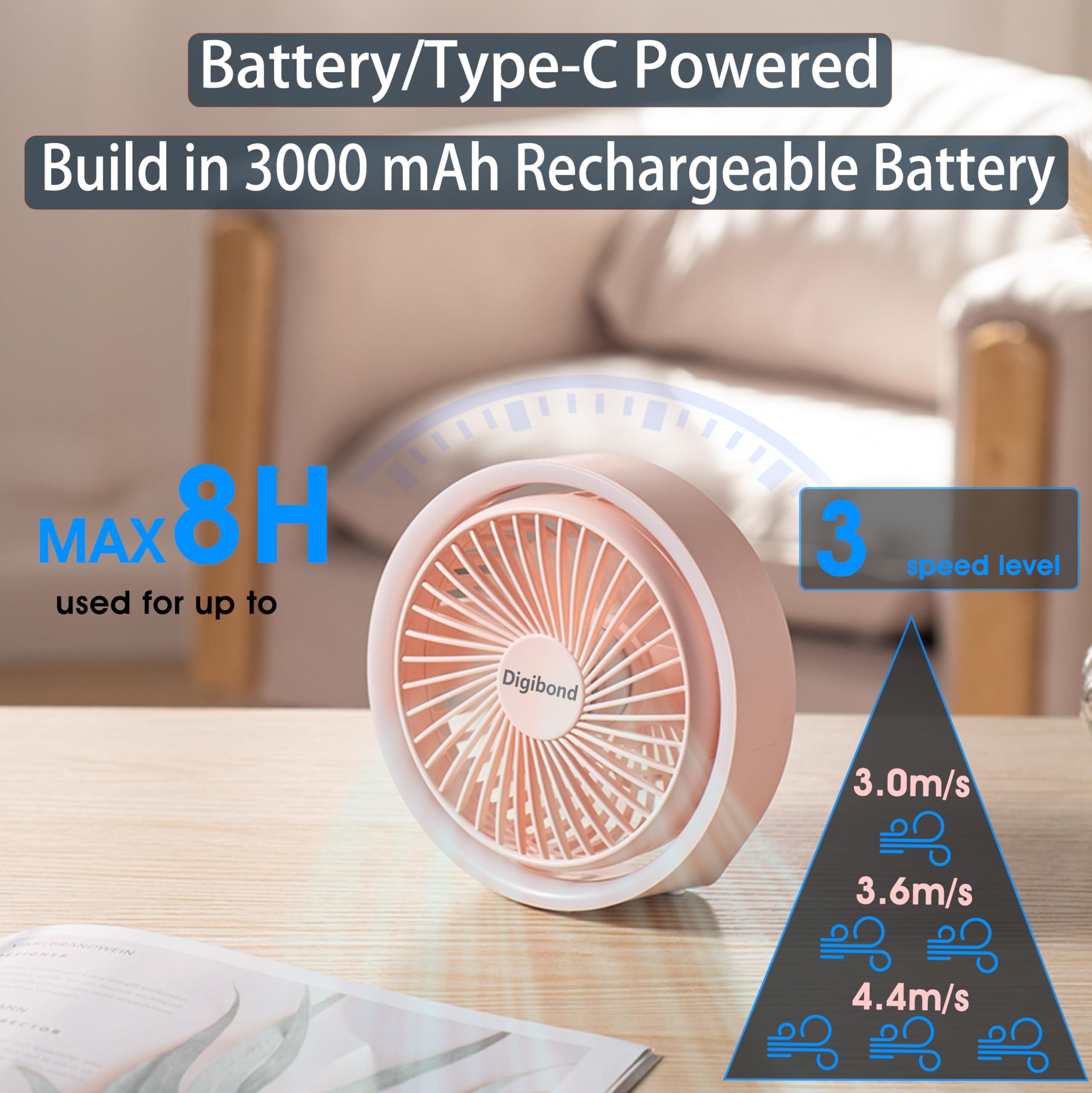 Digibond Pink Desk Fan, Small Quiet with Ambient Light/Hook Portable USB Fan 5.3in High Power 3000mAH Rechargeable Battery Operate 3 Speed 180°Rotated Easy Clean - Image 3