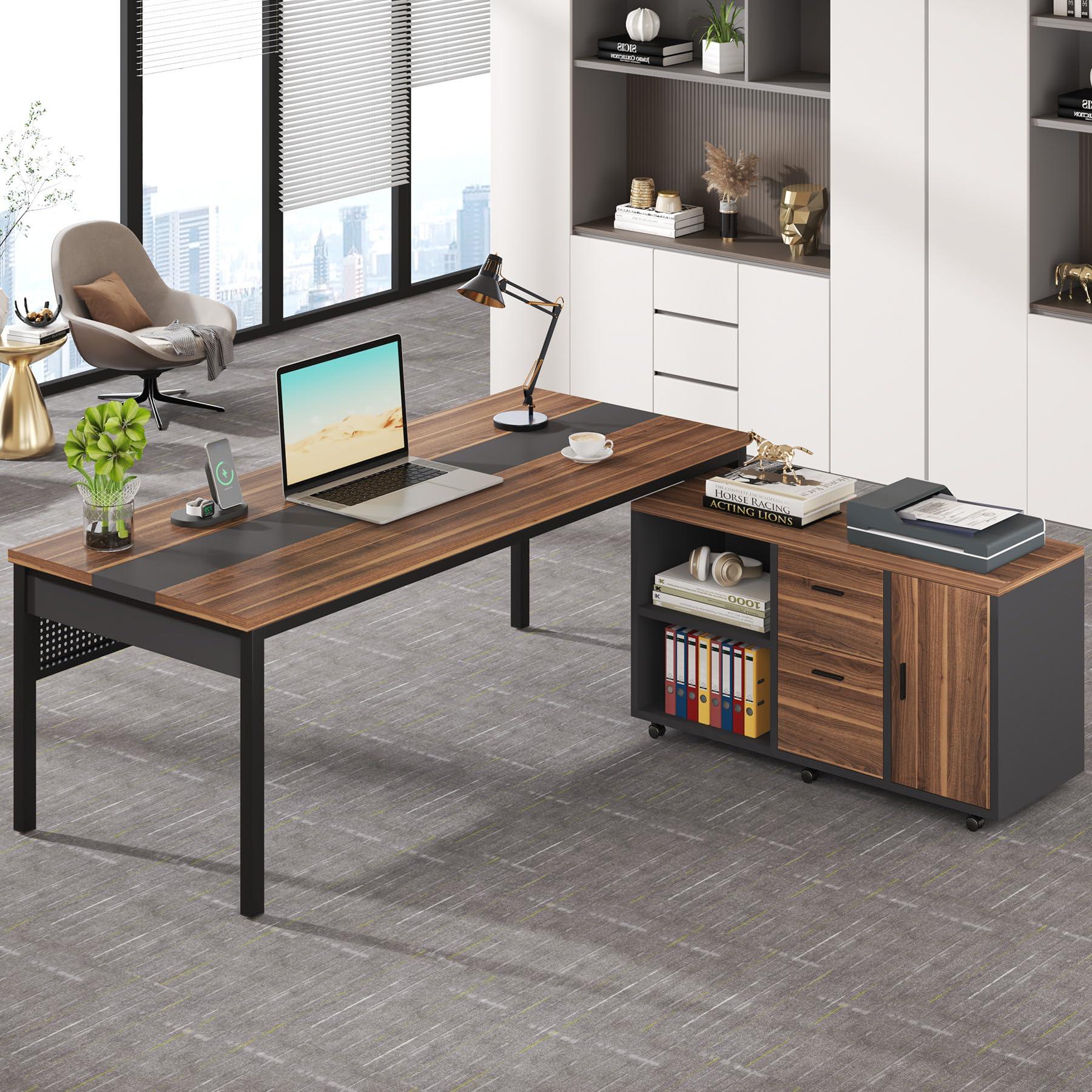 Tribesigns 70.8" Large Executive Office Desk and 47" Lateral File Cabinet Combo, L-Shaped Computer Desk 2 Piece Business Furniture with Drawers and Shelves, Home Office Workstation, Walnut - Image 9