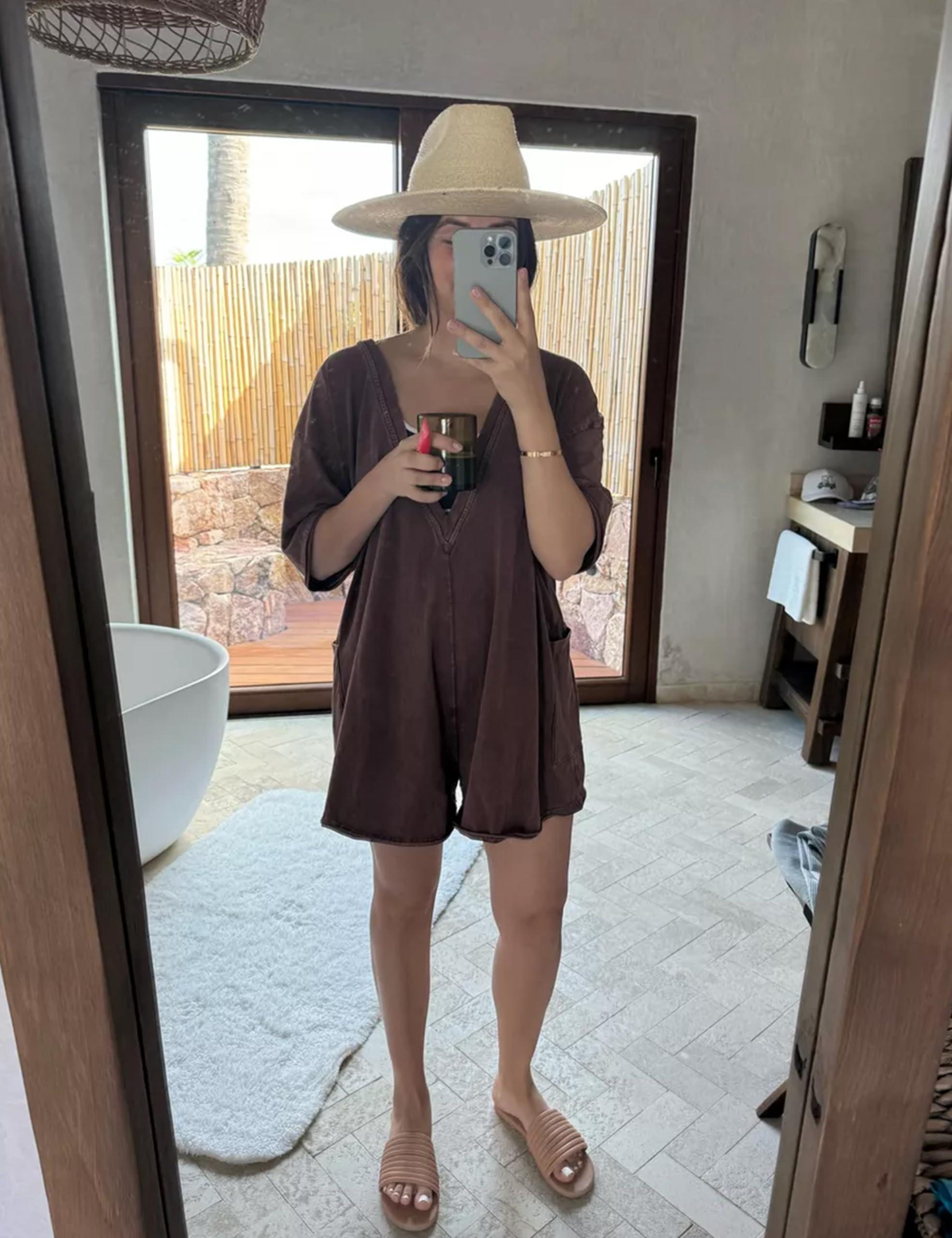 Yeokou Rompers for Women Casual Short Sleeve Oversized Athletic Workout Reversible Hot Shot Tee Romper Deep Pockets - Image 6