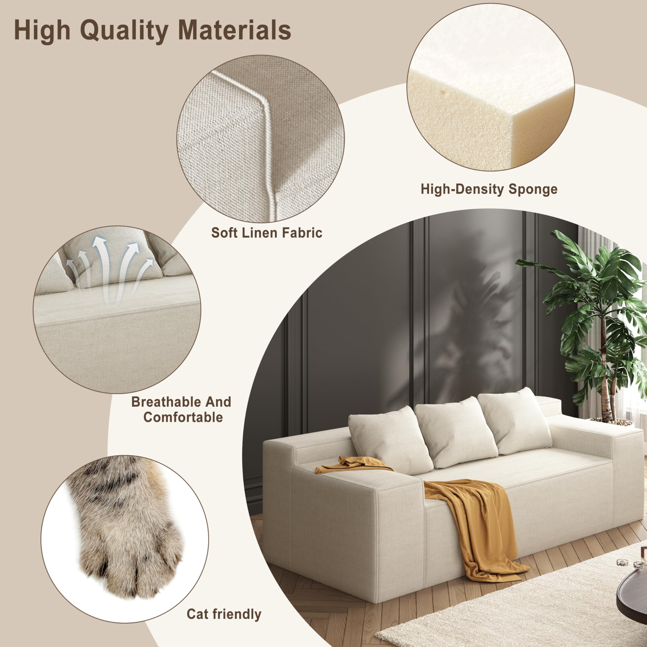 Modern 3-Seater Sofa, Hybrid Sofa in a Box, No Assembly Required, Comfy Sofa Couch with 3 Matching Pillows, Cat-Scratch Resistant Linen, Couch for Living Room or Bedroom, Beige - Image 4