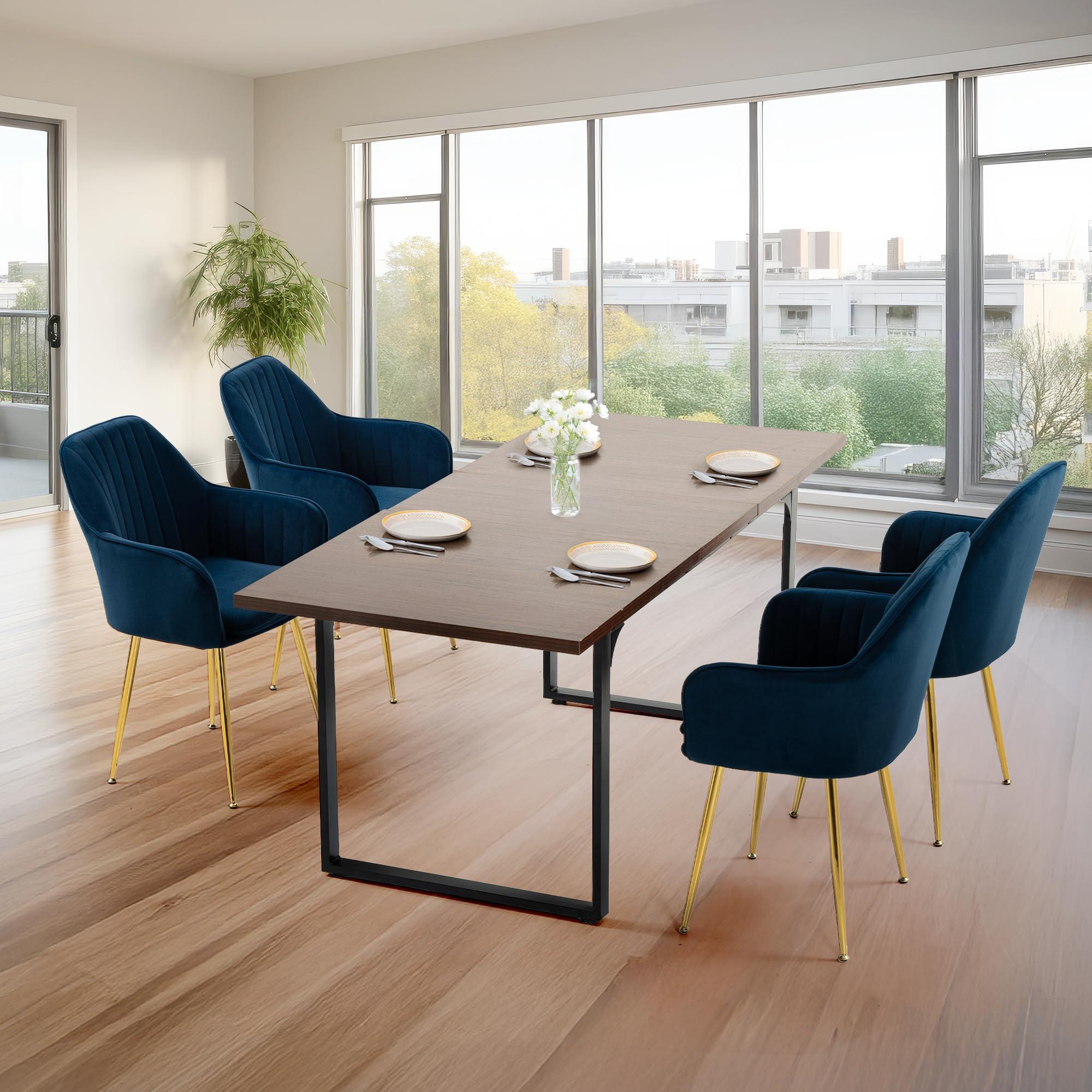 ECOTOUGE Matte Velvet Dining Chairs Set of 4, Modern Arm Chair with Golden Metal Legs, Living Room Accent Chairs for Kitchen, Blue - Image 8