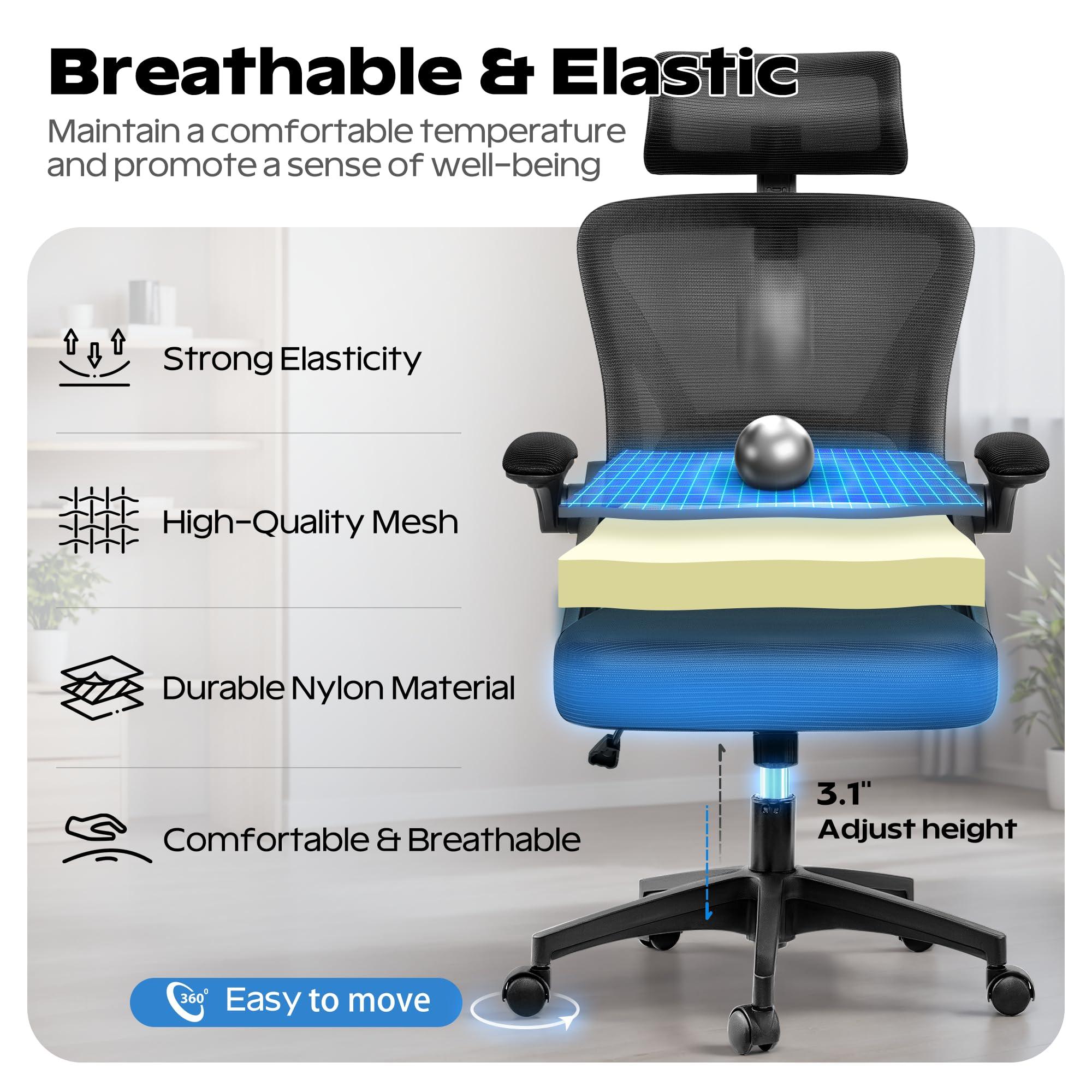 Ergonomic Office Chair, Home Office Desk Chair with Headrest, High Back Mesh Chair with Flip-up Armrests, Comfy Desk Chair with Lumbar Support, Rolling Swivel Task Computer Chair for Home Office - Image 6