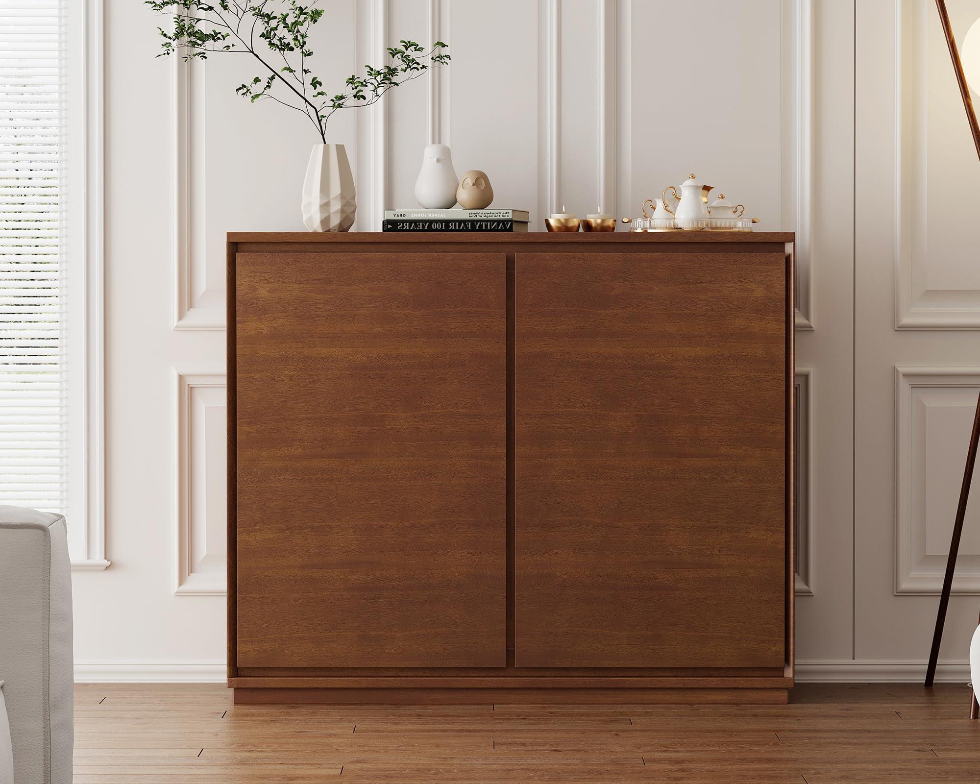 LKTART Mid Century Modern Sideboard Buffet Cabinet, Narrow Walnut Sideboard,Wood Storage Cabinet Credenza with 2 Doors for Living Room, Kitchen, Entryway, Hallway(9.25" D*39" L)
