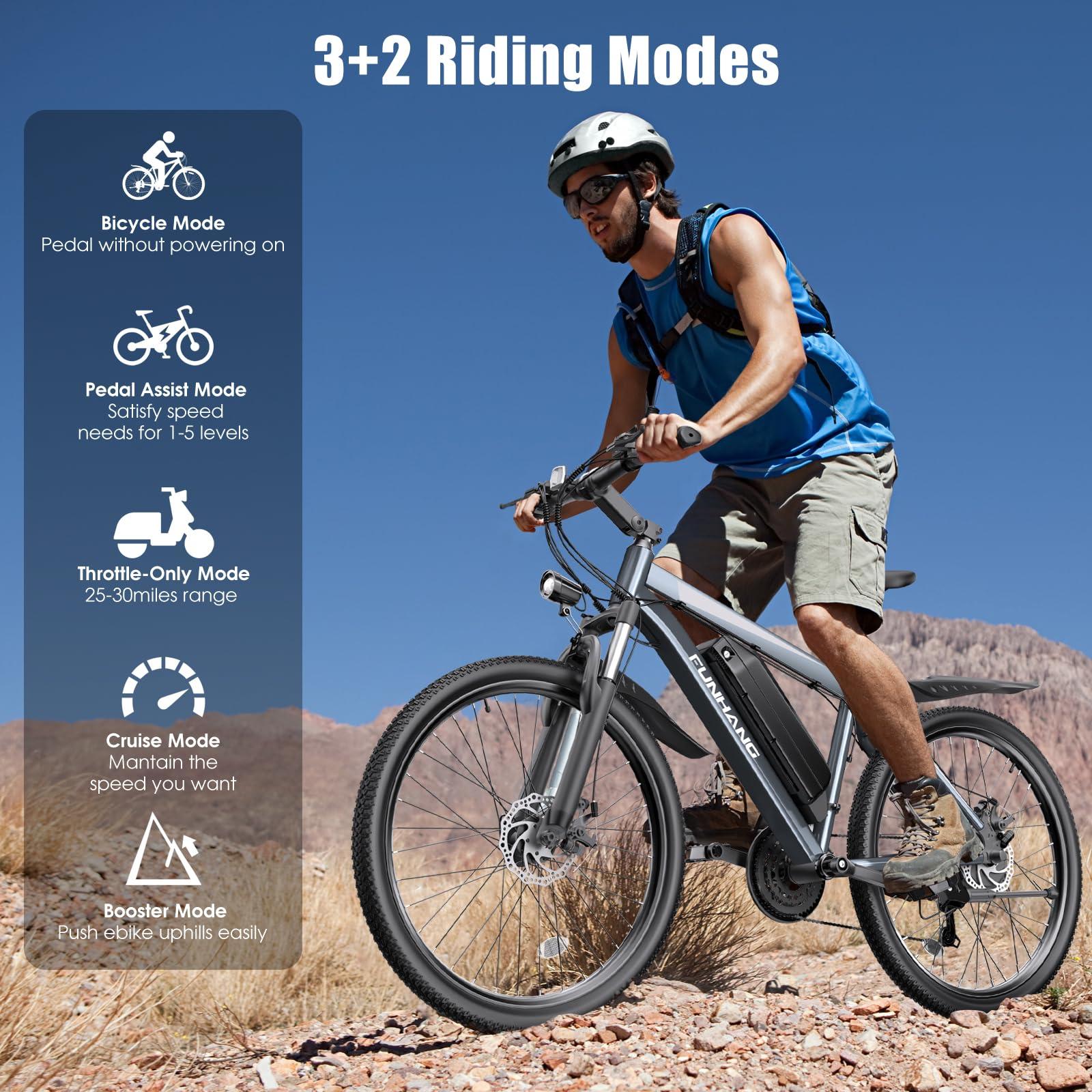 Funhang Electric Bike for Adults, Peak 1000W Ebike, 50Miles 21.7MPH Adult Electric Bicycles, 26" Electric Mountain Bike 48V 374.4WH Battery, Commuter E Bike with Adjustable Stem, Fenders, 21 Speed - Image 5