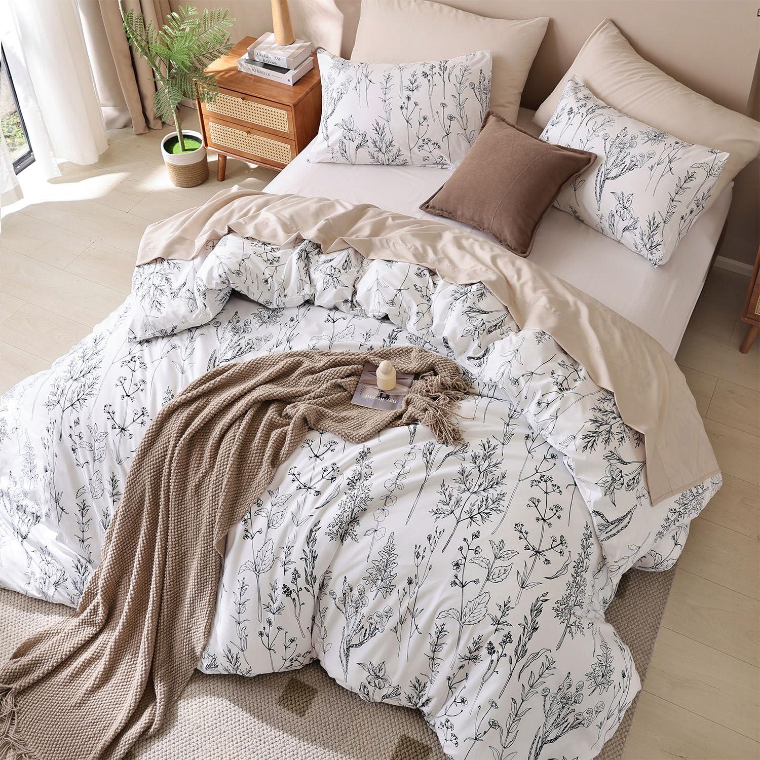 JANZAA Queen Comforter Set White Comforter Floral Bedding Sets 3 Pieces Flowers Bed Comforter 1 Soft Reversible Cute Botanical with 2 Pillow Shams - Image 3
