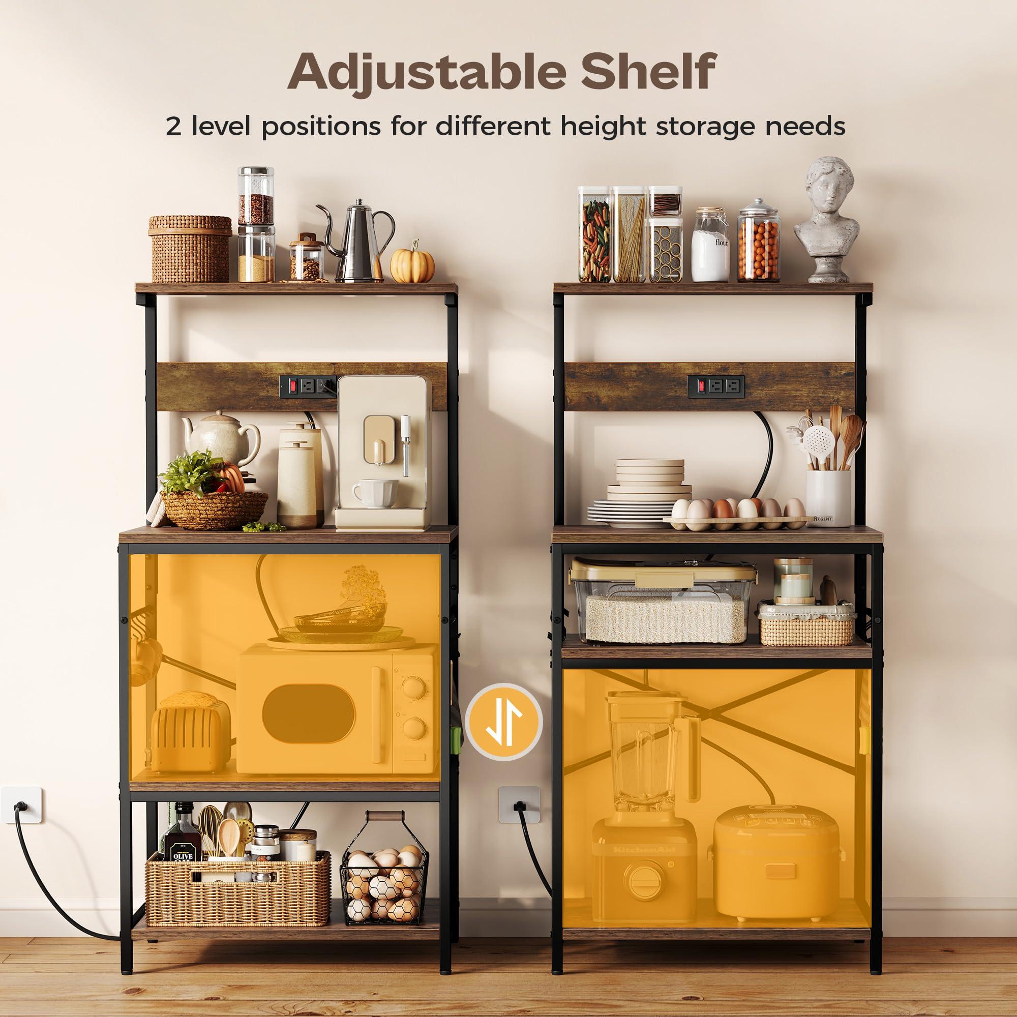 SUPERJARE Kitchen Bakers Rack with Power Outlet, Coffee Bar Table 4 Tiers, Kitchen Microwave Stand with 6 S-shaped Hooks, Storage Shelf Rack for Spices, Pots and Pans - Rustic Brown - Image 6
