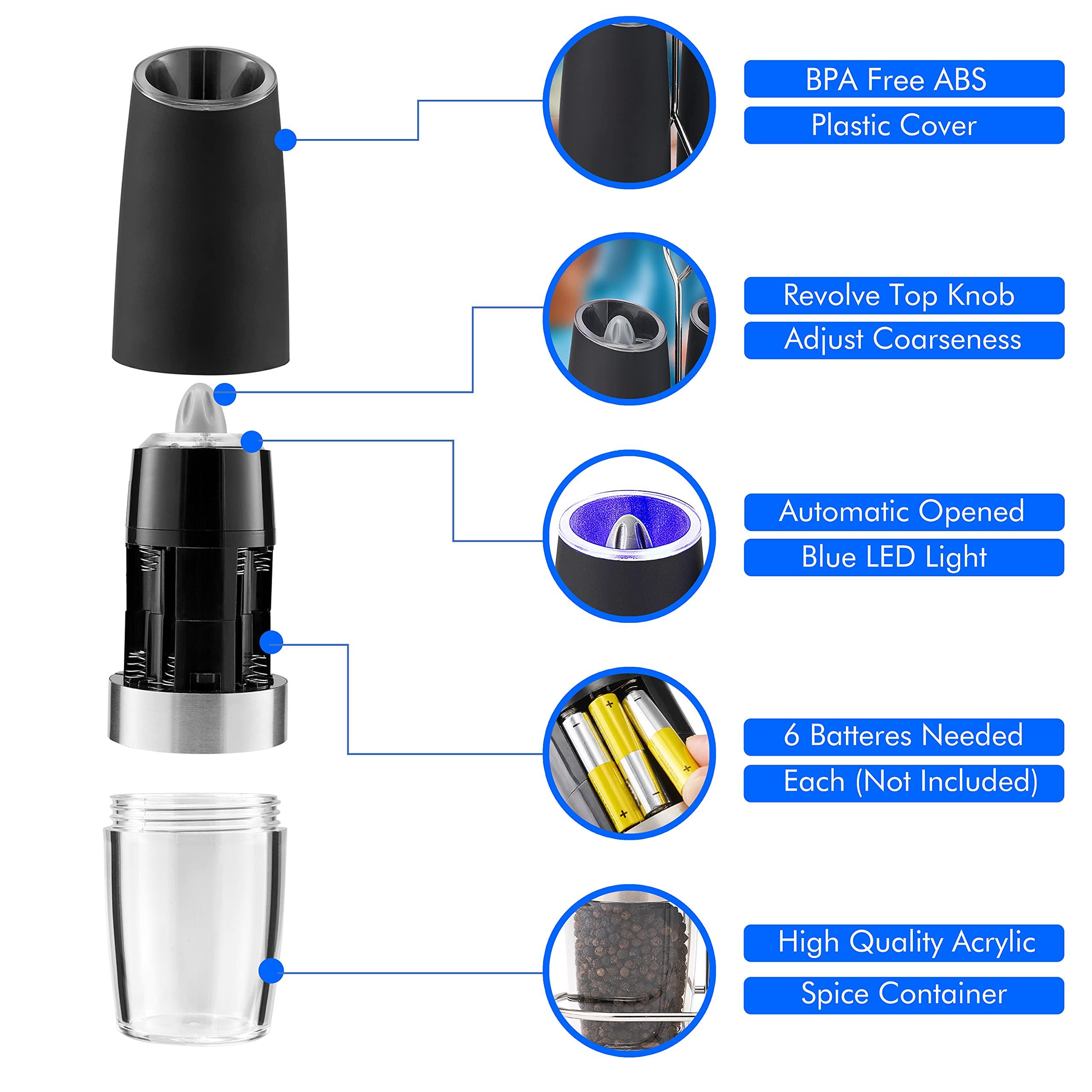 Gravity Electric Pepper and Salt Grinder Set, Battery Operated Pepper Mill with Blue LED Light, One Hand Operation, Flip to Grind, Adjustable Coarseness - Image 7