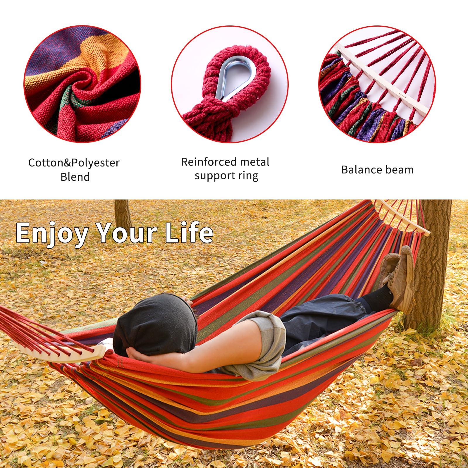 Hammock, Cotton Canvas Hammock Portable Camping Hammock with Carrying Bag Two Anti Roll Balance Beam Metal Carabiner Ropes and Tree StrapsSuit for Indoor,Yard,Camping,Outdoor-Rainbow - Image 4