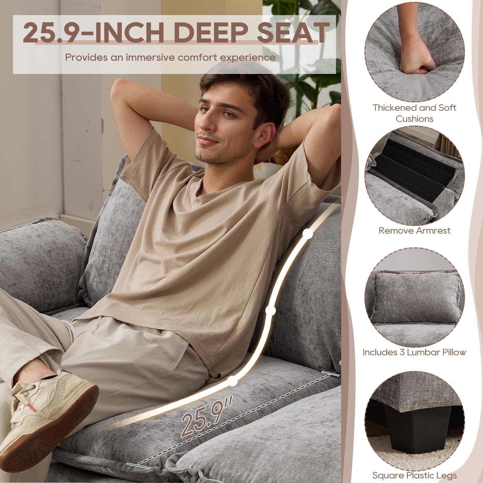 IPKIG 117" Sectional Sofa Cloud Couch, Modern Chenille U-Shaped Couch Comfy Upholstered 3-Seat Sofa with 2 Ottoman, 3 Lumbar Pillow, Deep Seat Modular Sofa for Living Room, Apartment, Studio - Image 3