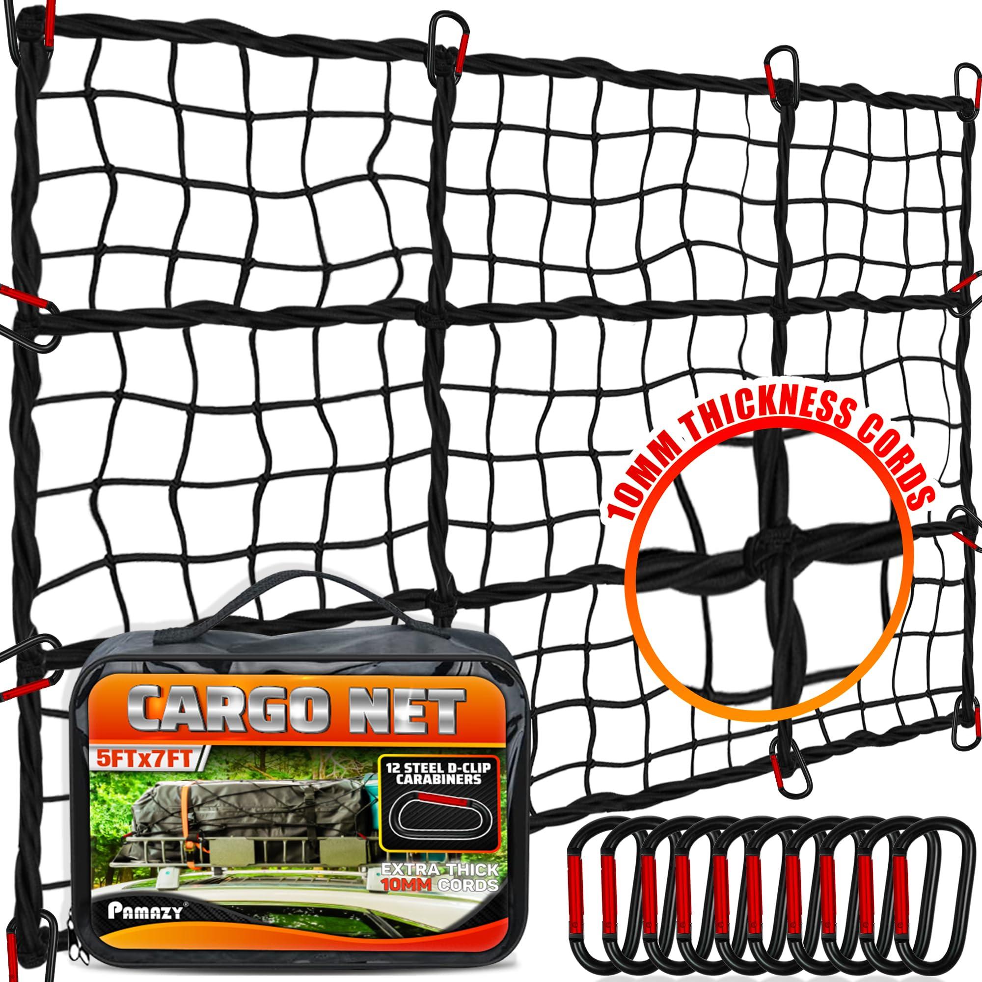 [Premium] 5'x7' Heavy Duty Cargo Net Stretches to 10' x 14', Extra Thick 10mm Cord Bungee Cargo Netting for Pickup Truck Bed, Roof Rack Net & 12 PCS Steel Carabiners
