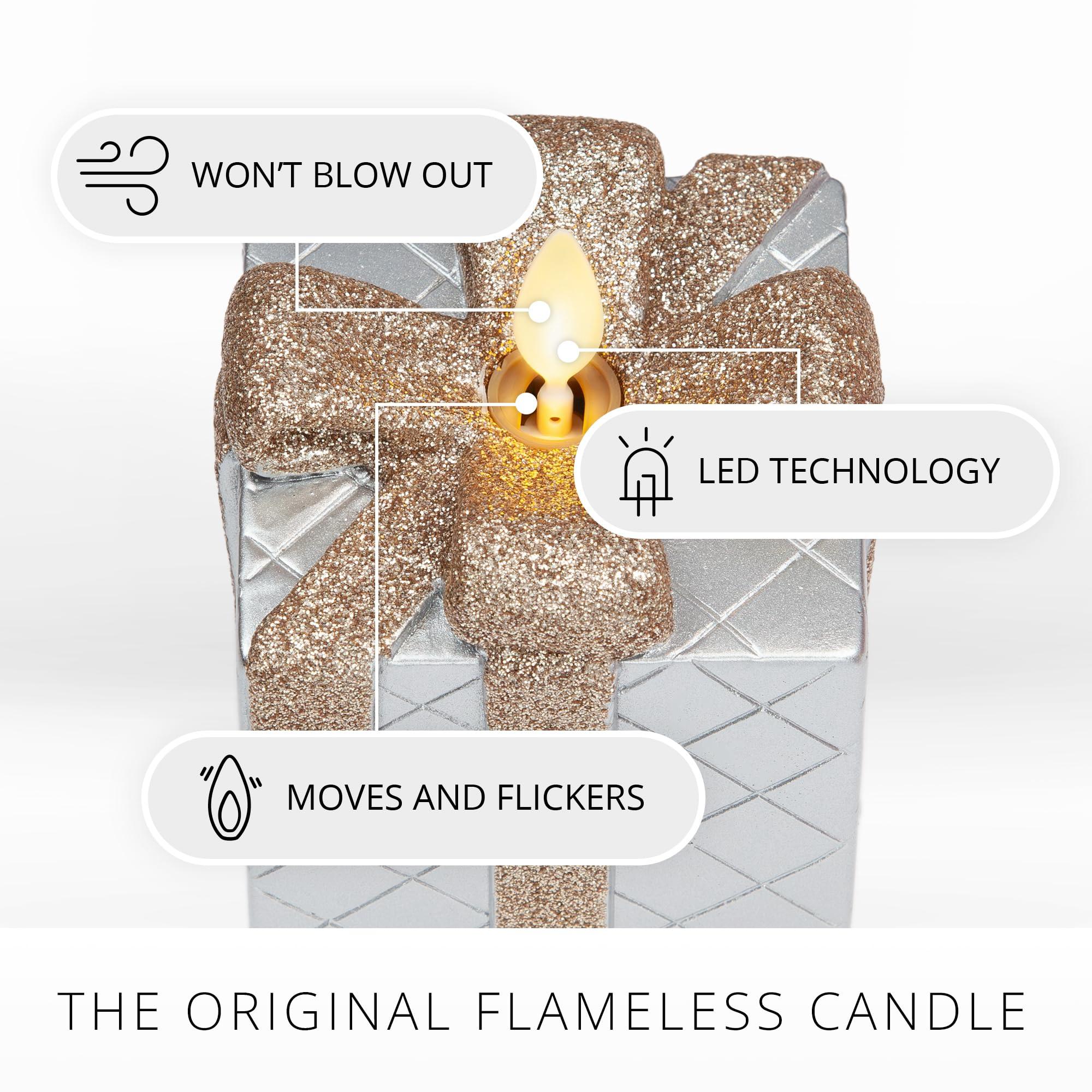 Luminara - Flameless Holiday LED Candle Battery Operated Moving Flame - Silver Gift Box - Pack of 1-3x4.25 - Glitter Ribbon with 5-Hour Timer Candle - Image 3