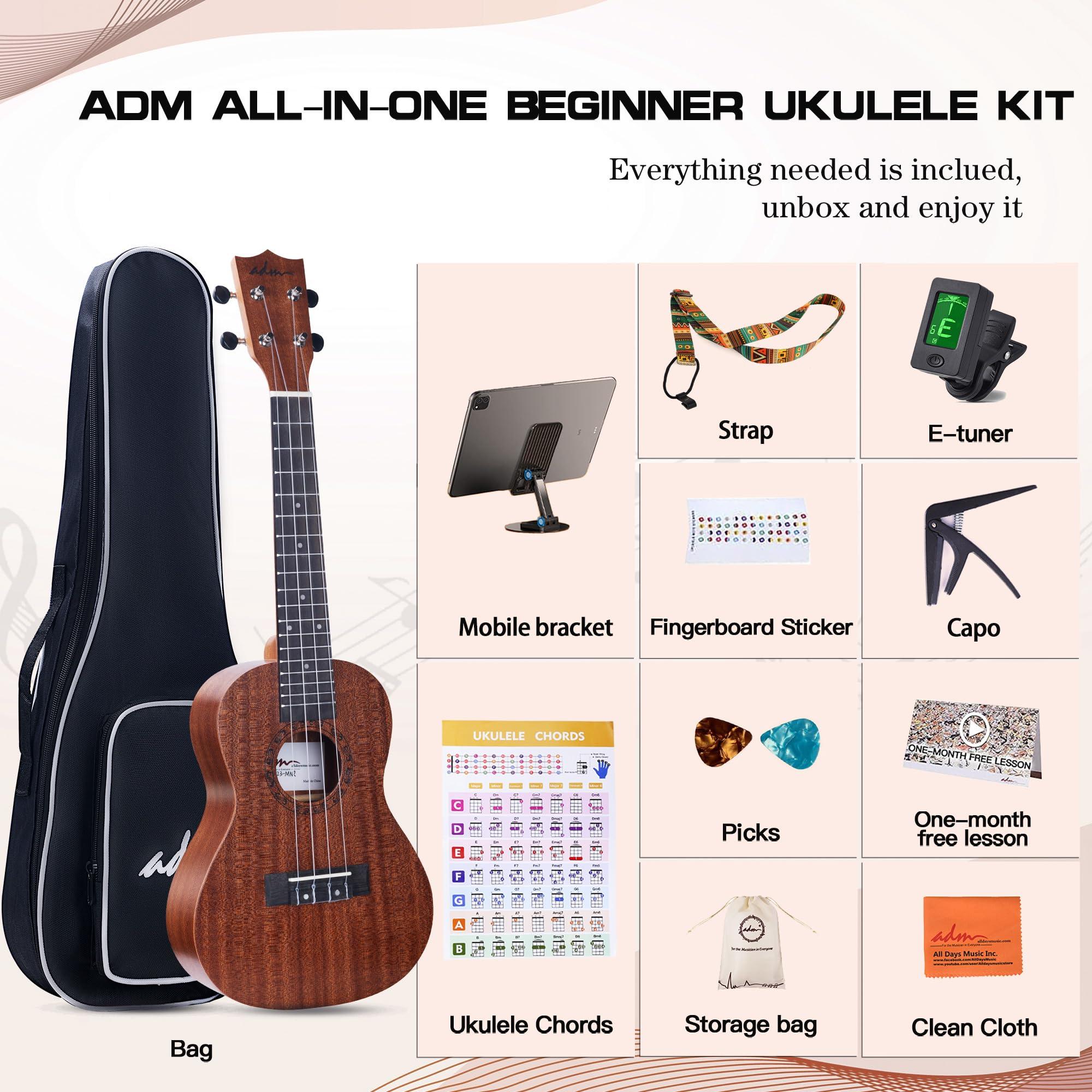 ADM Concert Ukulele Beginner Kit Mahogany Hawaiian Wood Ukelele Bundle Ukalalee Set with Uke Free Starter Lessons for kids Students and Adults, Yellow Brown (Khaki, 23 inch) - Image 3