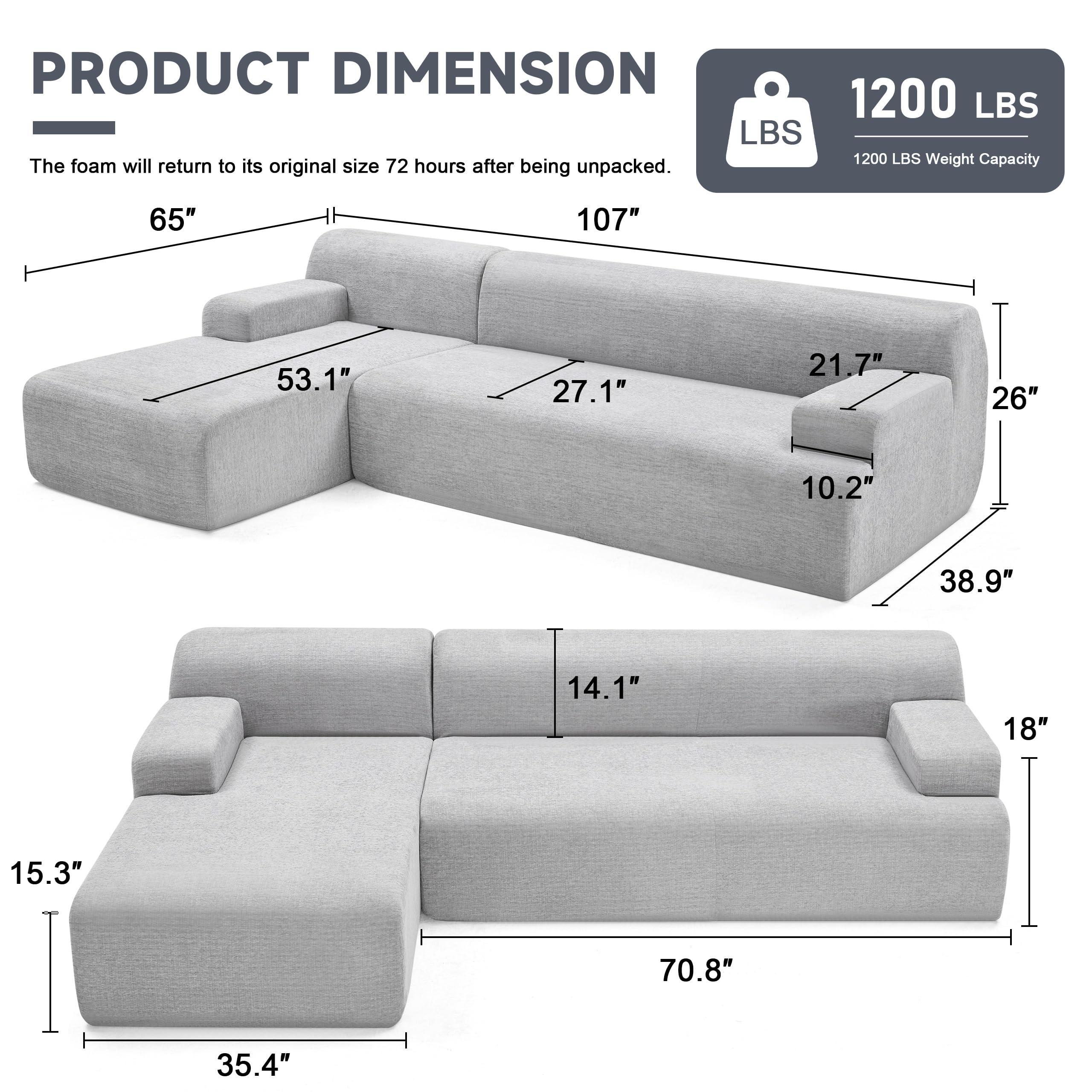 Huatean Home 107” Modular Sectional Sofa, Modern Sofa for Living Room, High Density Sponges Cloud Couch Sectional, L-Shape Couches for Living Room, LightGrey - Image 2