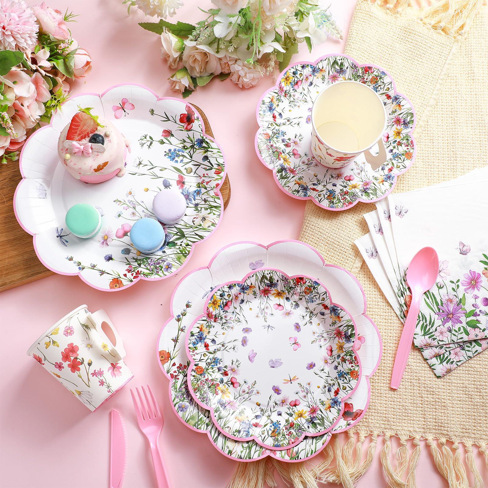 Pickmesh 252 Pcs Floral Tea Party Supplies for 36 Guests Wildflower Paper Disposable Dinnerware Floral Teacups with Handle and Saucers Sets for Tea Party Decorations Birthday Baby Shower Wedding - Image 2