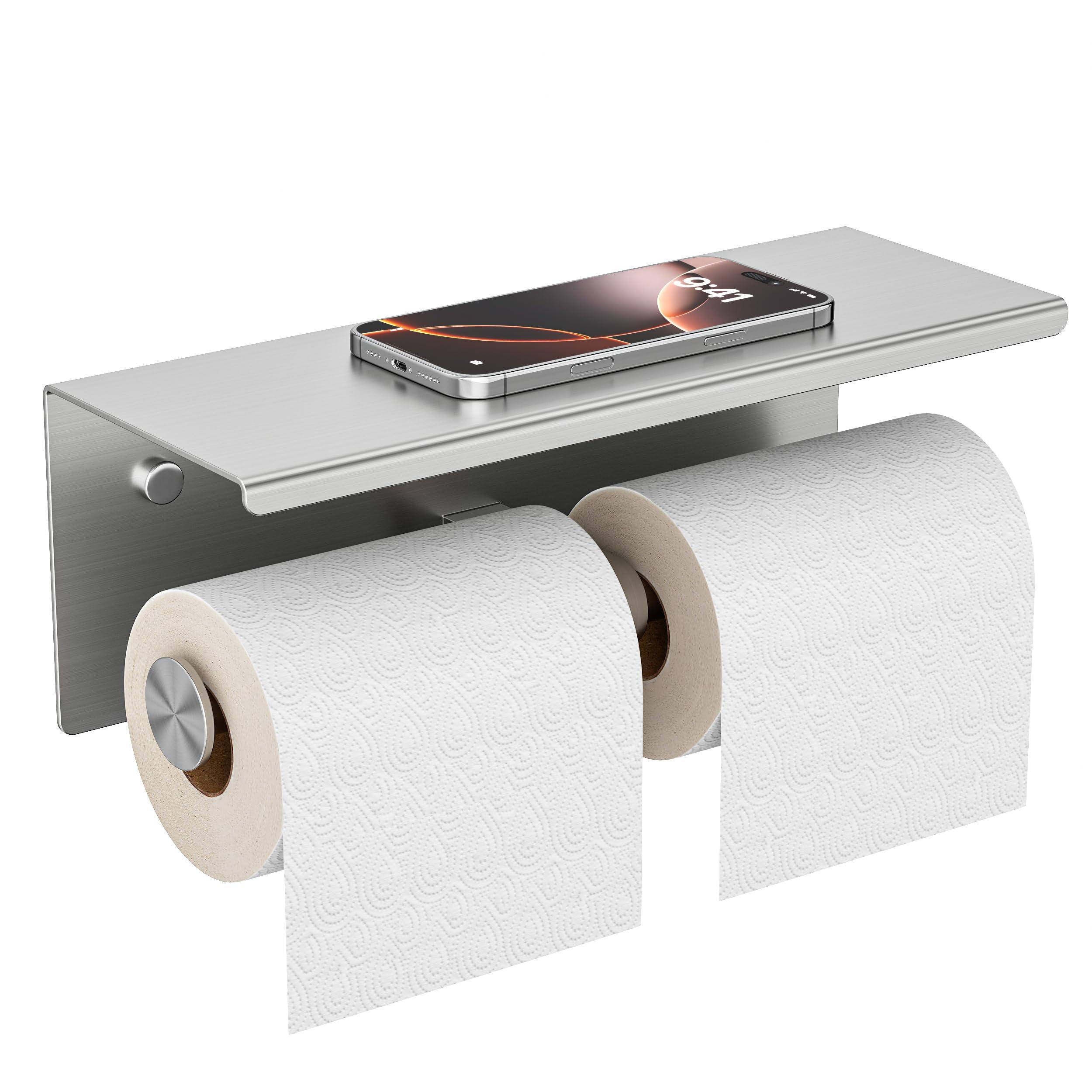 FORIOUS Double Toilet Paper Holder with Shelf, Wall Mount Tissue Roll Holder for Bathroom, 304 Stainless Steel Commercial Toilet Paper Dispenser with Phone Shelf, Brushed Nickel