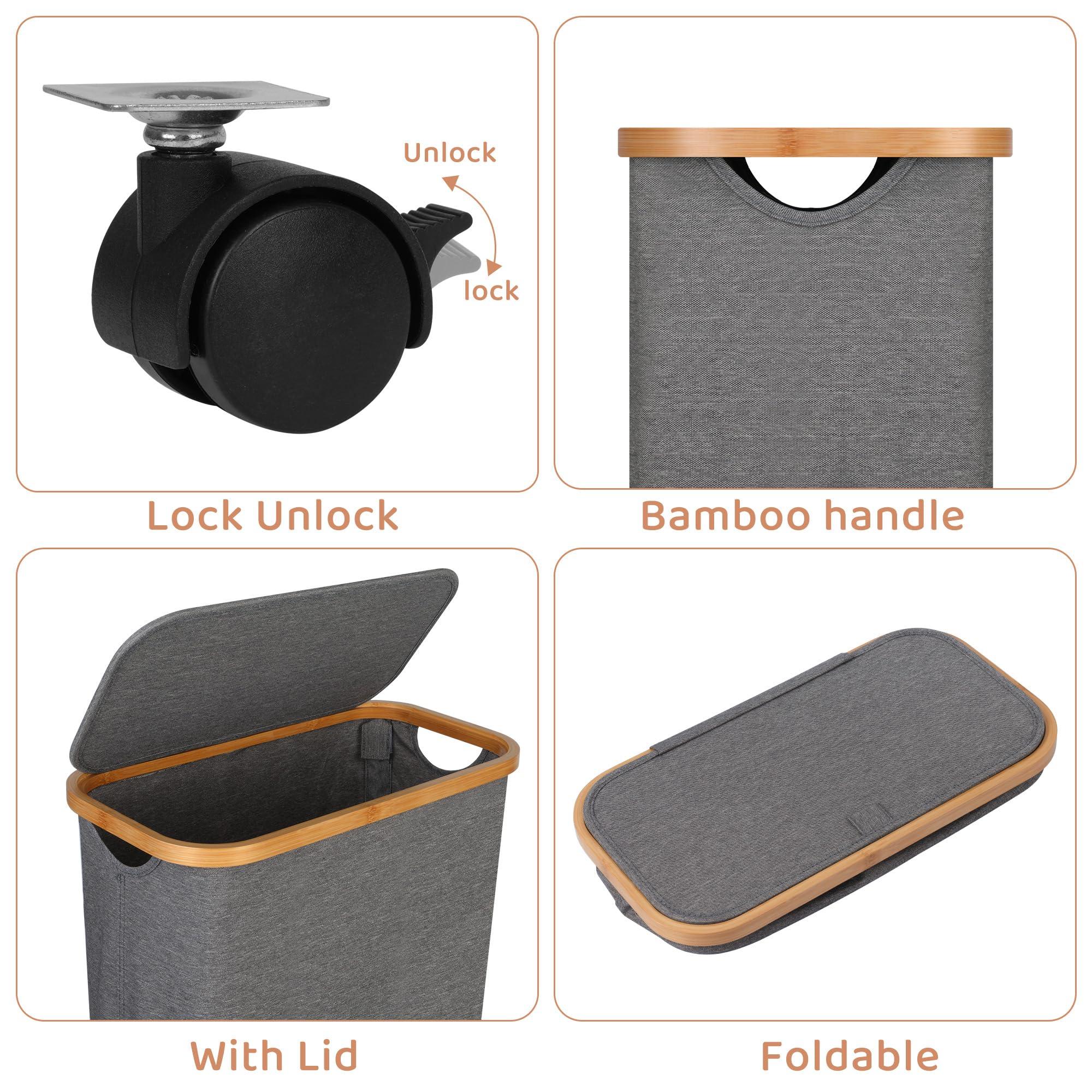 Merkisa Slim Laundry Basket with Wheels,Narrow Hampers for Laundry, Laundry Hamper with Lid&Bamboo Handles,Collapsible Waterproof Tall Cloth Hamper for Dorm Family(60L Grey) - Image 5
