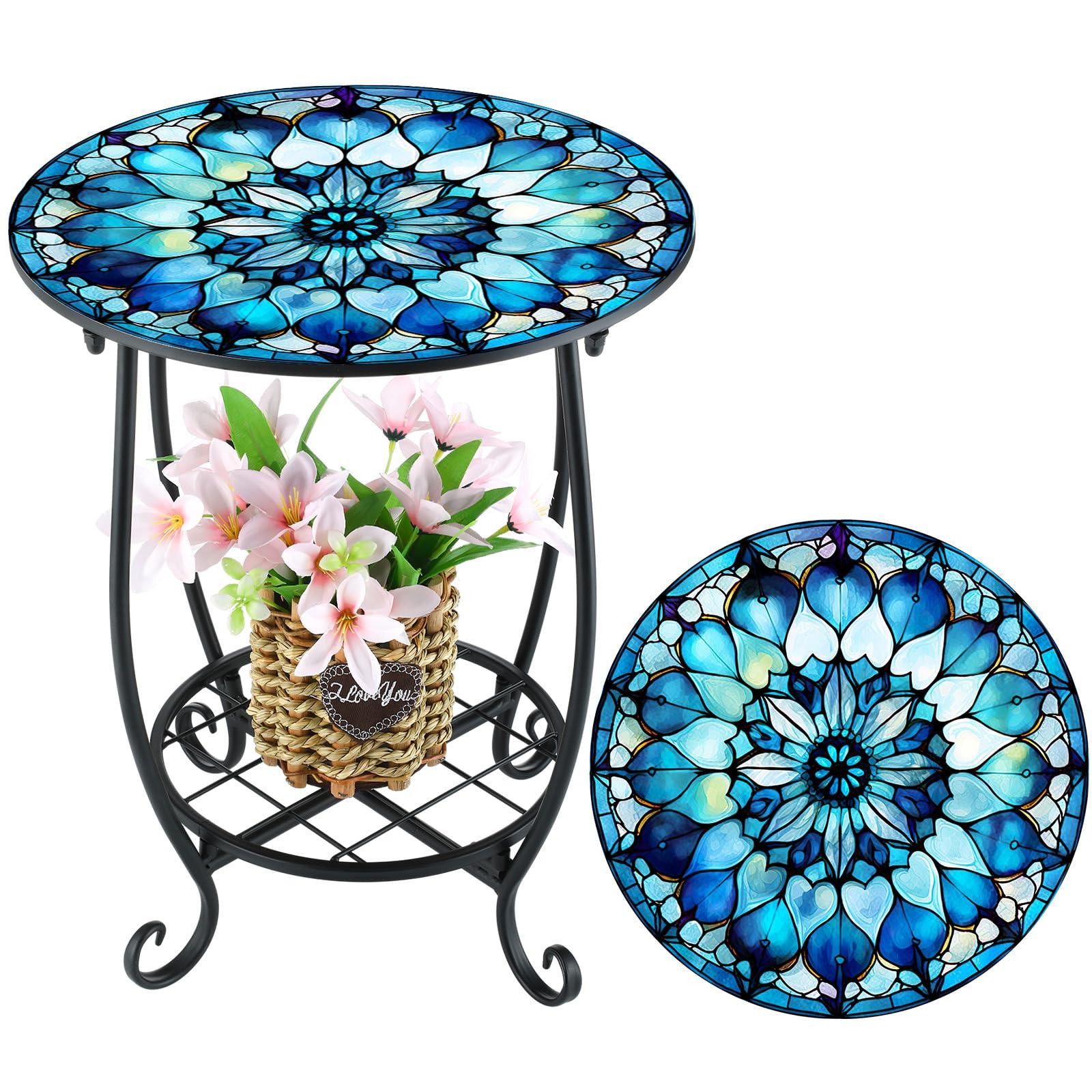 Cinnvoice Outdoor Side Table Round Small Mosaic Patio Accent Indoor End Plant Metal Coffee Tea Table for Yard Porch Garden Patio Living Room, Bedroom(Mandala Flower Style,14 Inch)