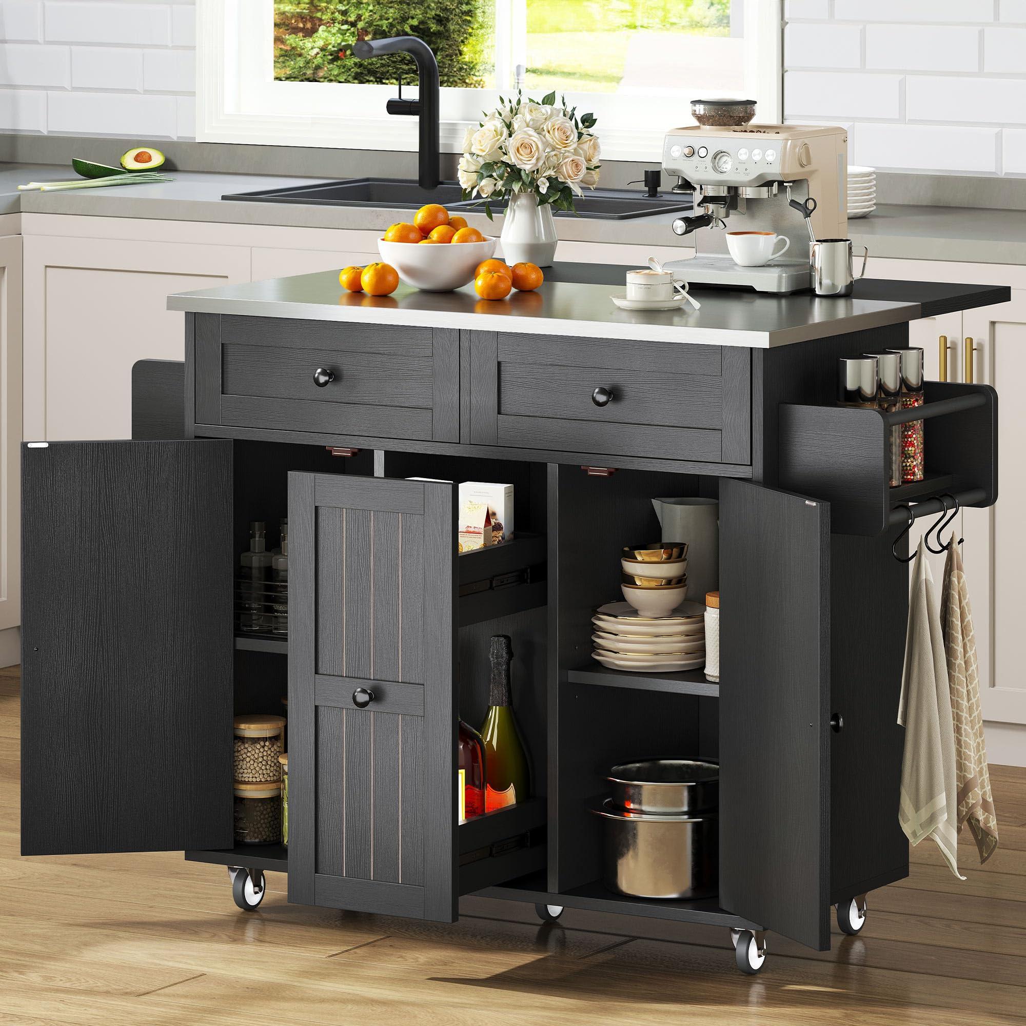 DWVO Kitchen Island on Wheels, Mobile Kitchen Island Cart with Folding Drop Leaf Breakfast Bar, Island Table for Kitchen with Large Storage Cabinets, Racks, Drawers and Adjustable Shelves, Black
