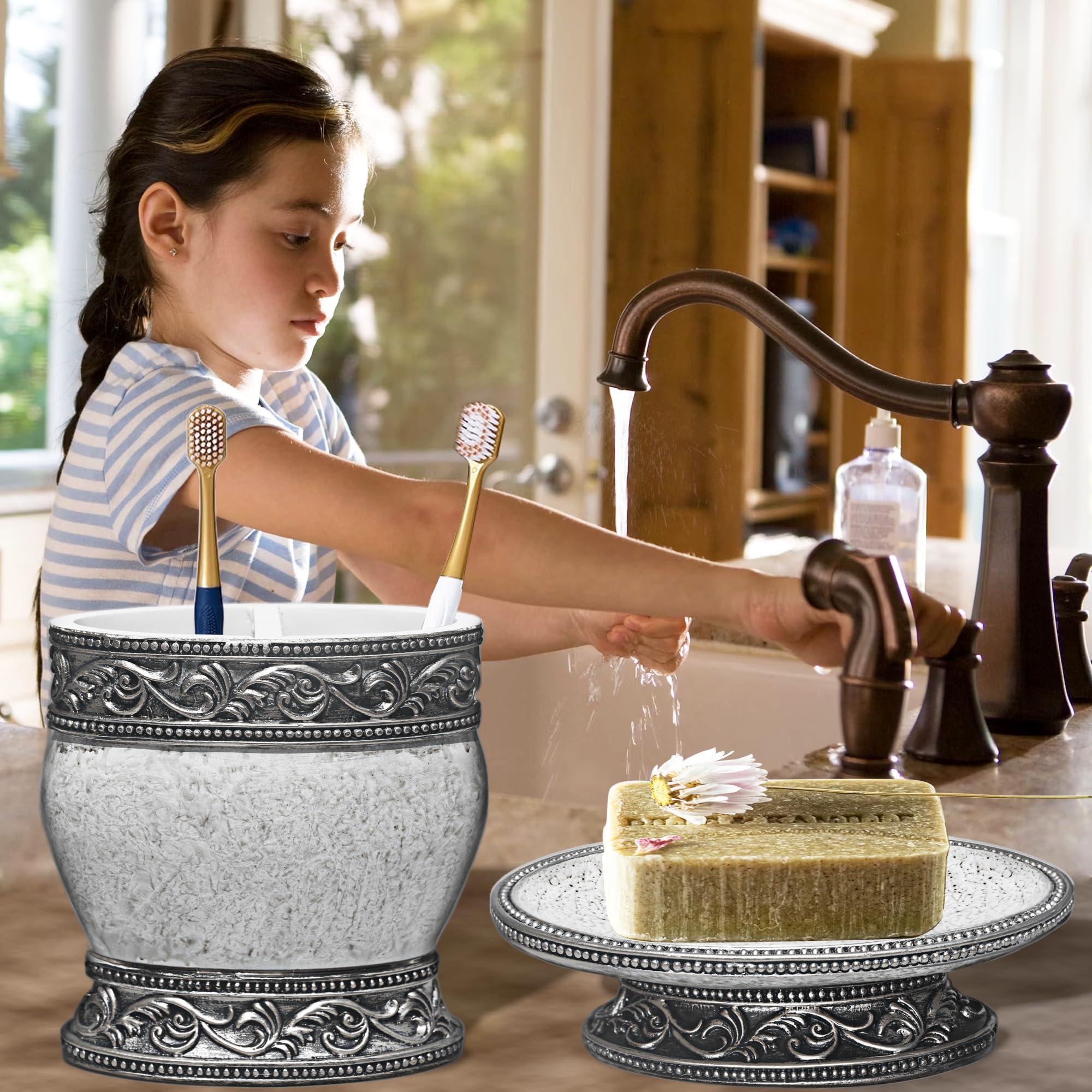 6 Pieces Bathroom Accessories Set Including Trash Can, Cup, Toothbrush Holders, Soap Dishes, Soap Dispenser and Toilet Brush, Home Decoration, Retro Style, Grey - Image 3