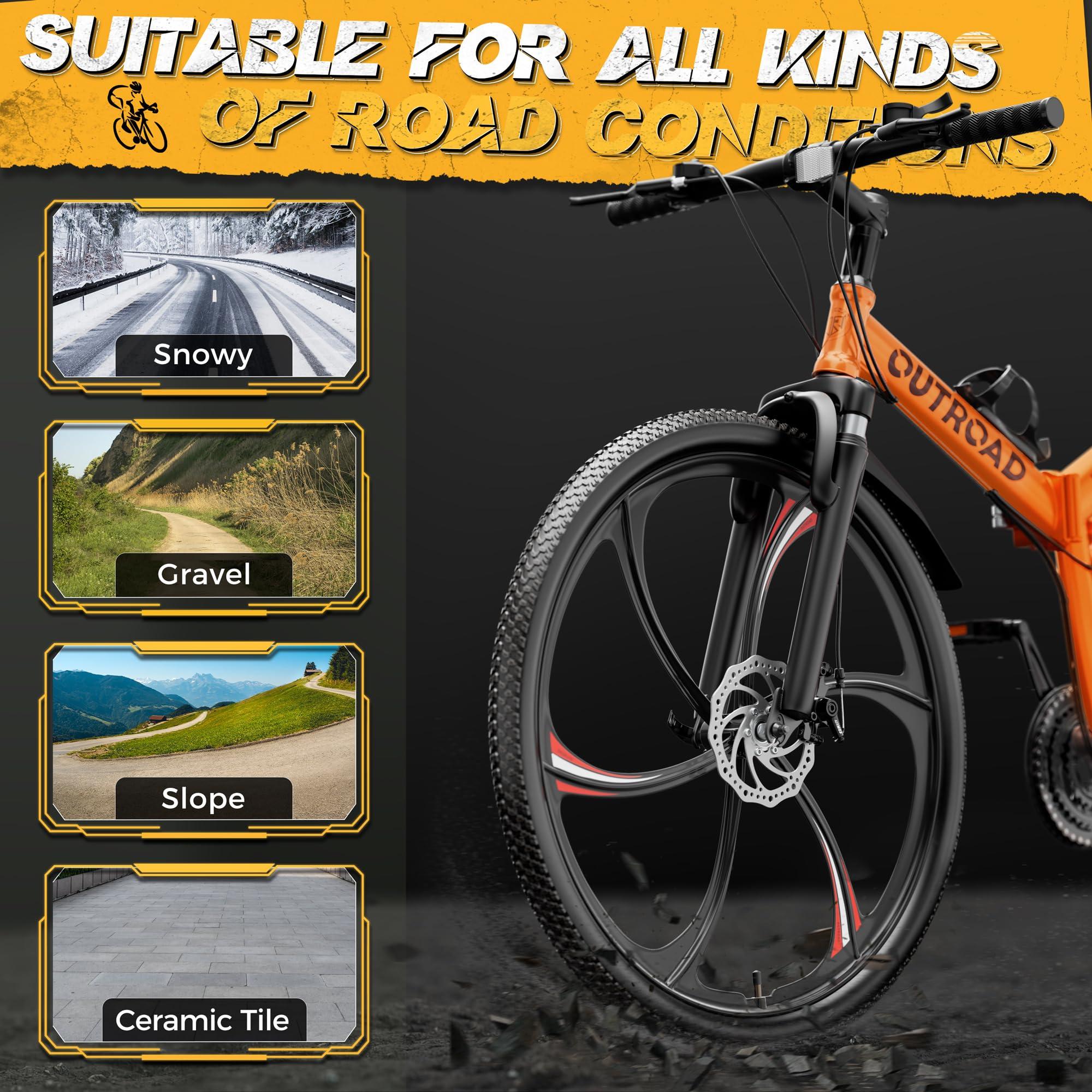 Outroad 26 Inch Folding Mountain Bike, 21 Speed Full Suspension High-Carbon Steel MTB Foldable Bicycle, Dual Disc Brake Non-Slip Folding Bikes for Adults/Men/Women, Black, Orange and Green - Image 7