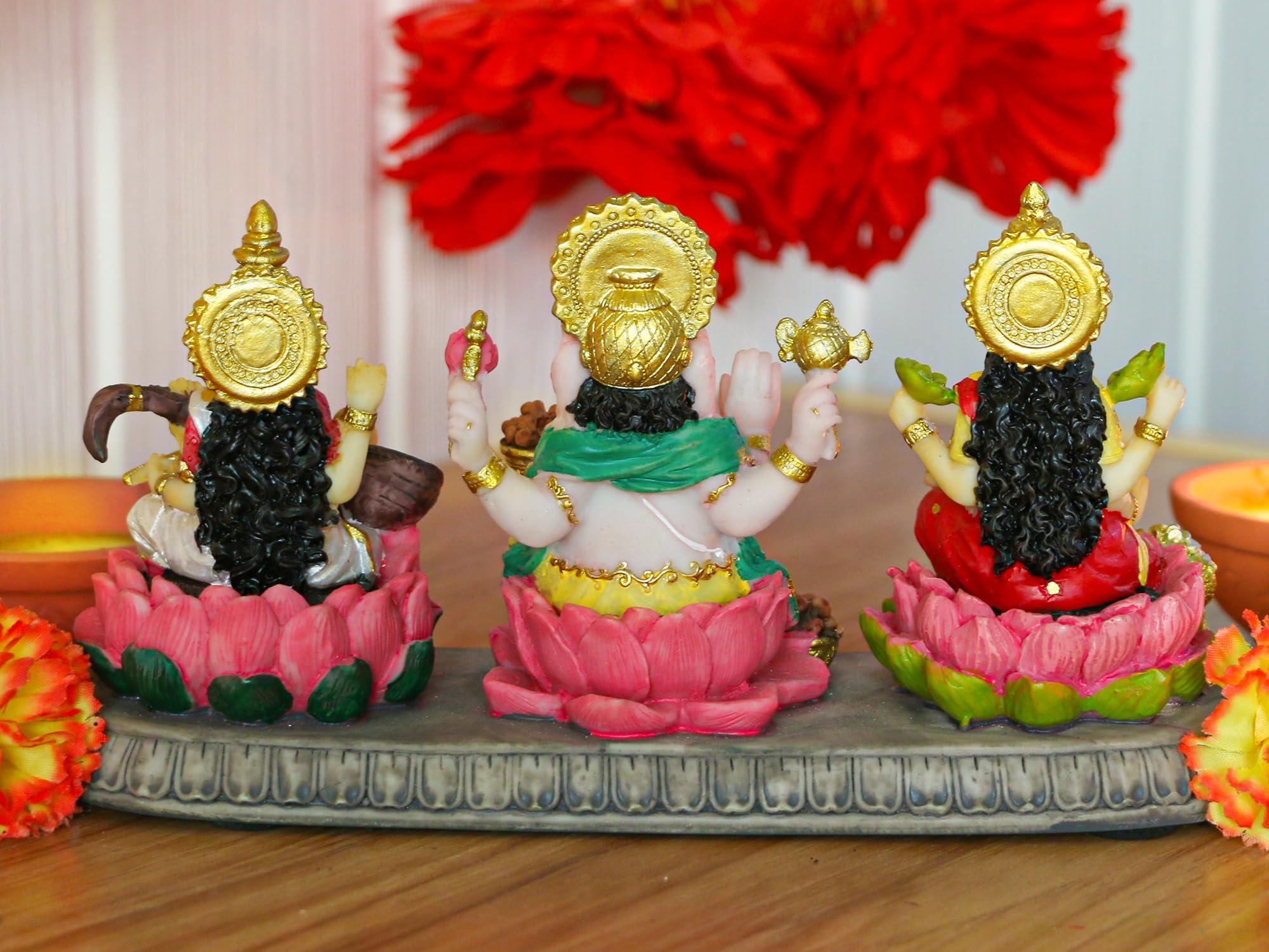 India Laxmi Ganesh Saraswati Statue - 3.9”H Indian God Lakshmi Ganesha Saraswati Idol Figurine Hindu Diwali Gifts Diwali Decoration Home Office Mandir Temple Pooja Item - Image 8