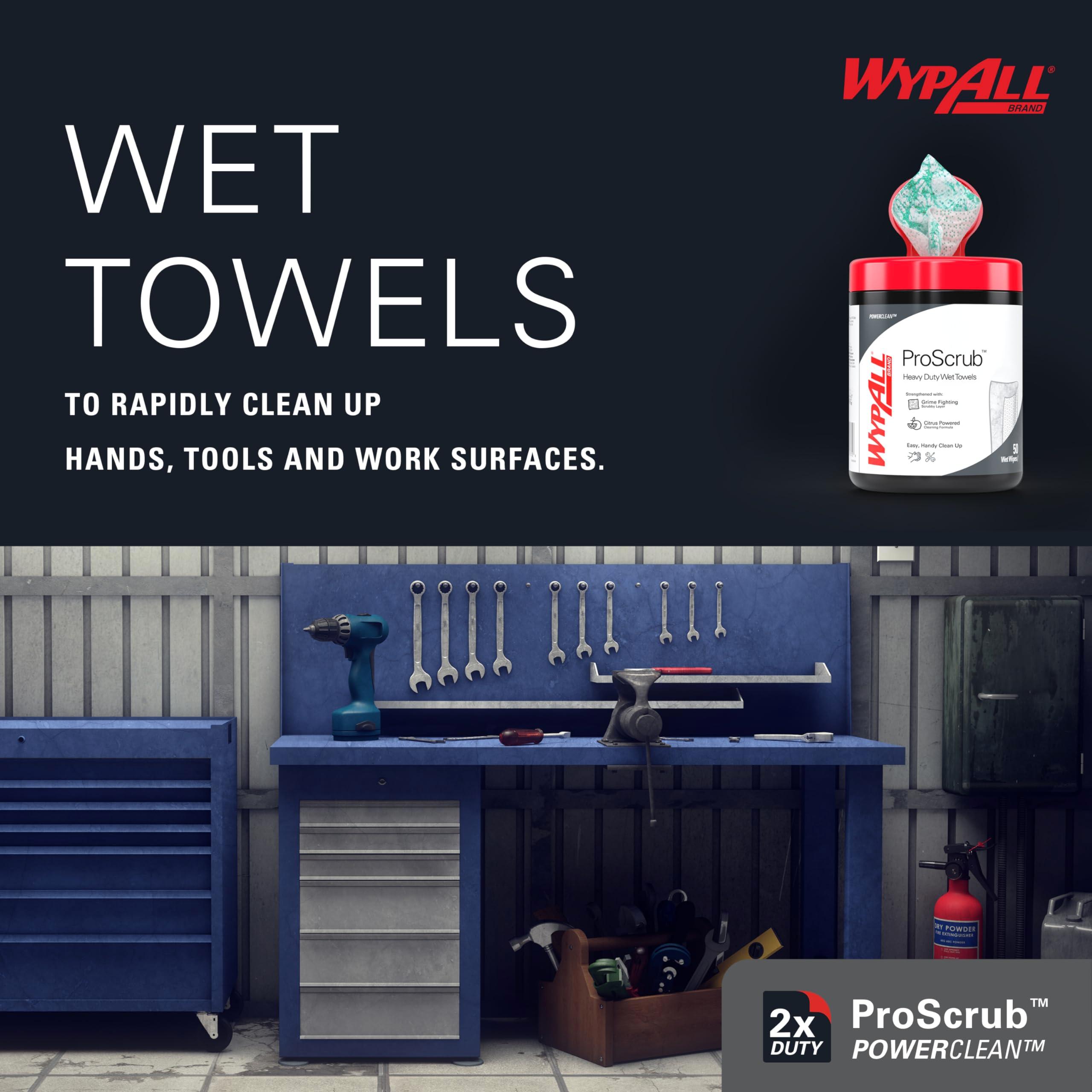 WypAll PowerClean ProScrub Heavy Duty Wet Towels (58310), Dual Action Cleaning, Large 9.5" x 12" Wipes, Canister Included (8 Canisters of 50 Sheets, 400 Sheet Total) - Image 7