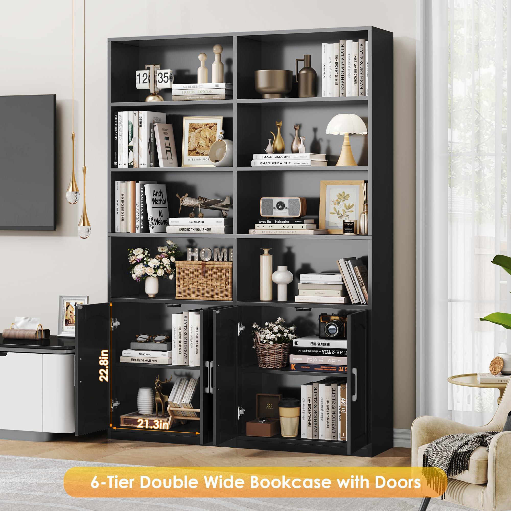 FACBOTALL Bookshelf and Bookcase with Doors, 6 Tier Double Wide Large Bookshelves, Open Display Shelves, 73'' Tall Bookshelf with Storage Cabinets for Home Office, Living Room, Library, Black - Image 5