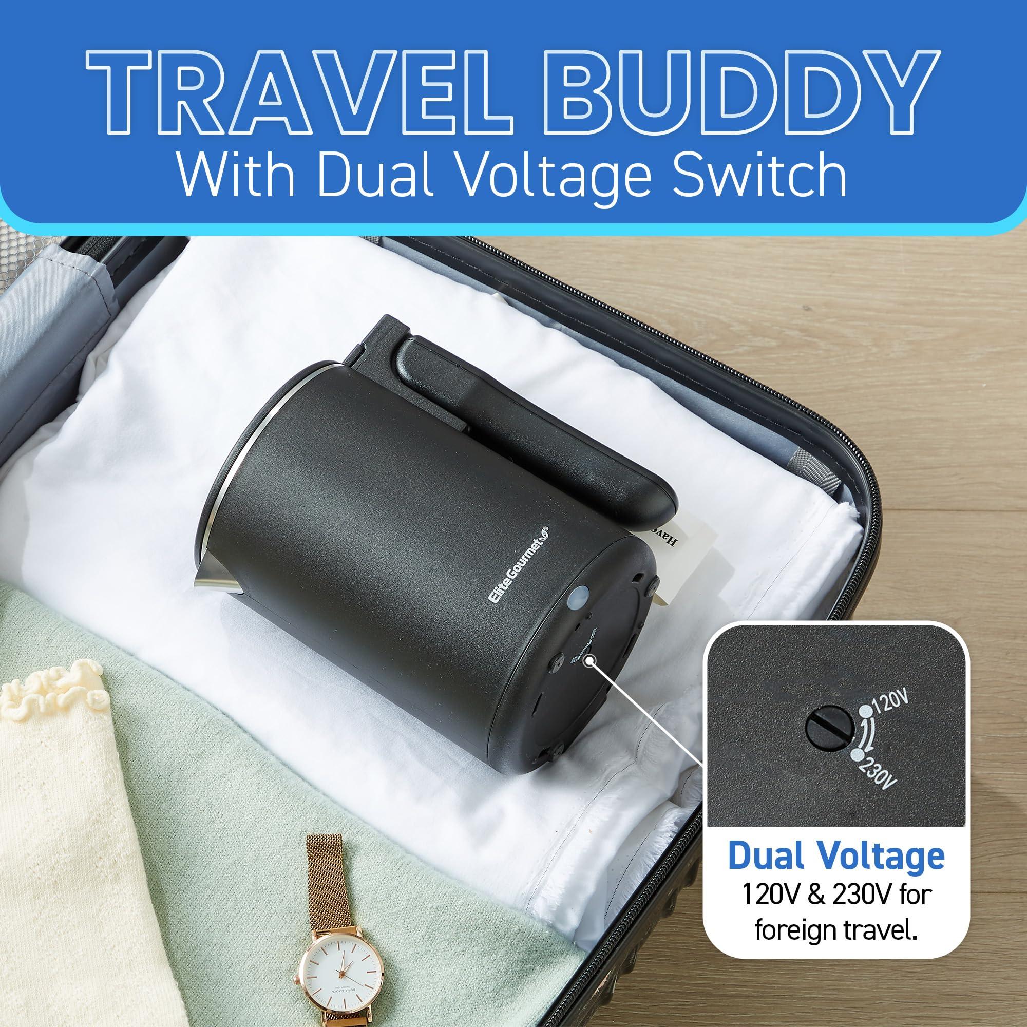 Elite Gourmet EKT719 Dual Volt 120-230V, Travel Double Wall Insulated Cool-Touch, 0.6L Electric Kettle, Stainless Steel Interior, Hinged-Locking Lid, Retractable Handle, Auto Shut-Off, Boil Dry, Black - Image 8