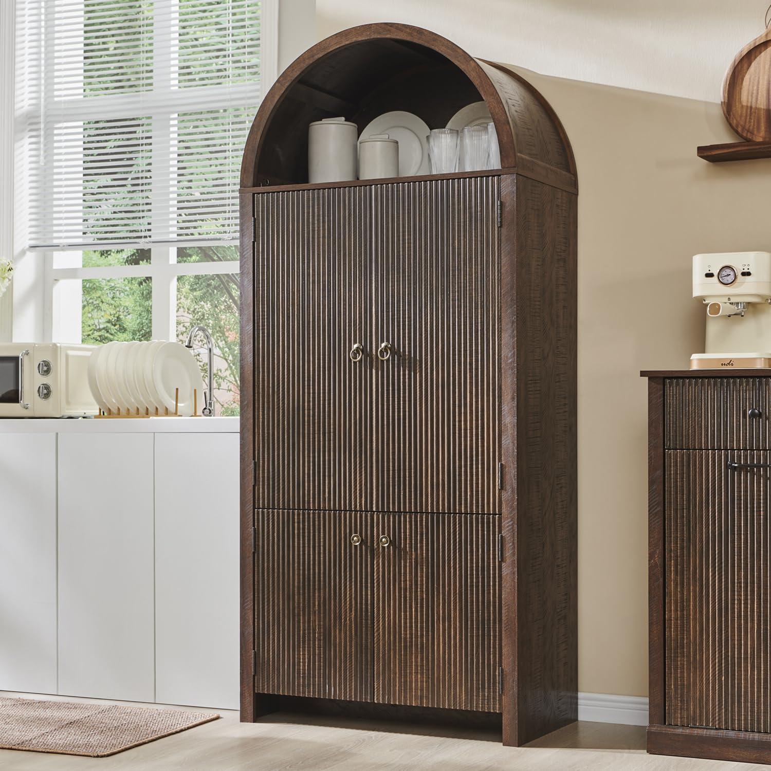 IFGET 71" Tall Arched Kitchen Pantry, Modern Fluted Wood Storage Cabinet with Doors, 3 Adjustable Shelves, 6 Door Shelves, Organizer, Versatile Cupboard for Kitchen, Bathroom, Brown