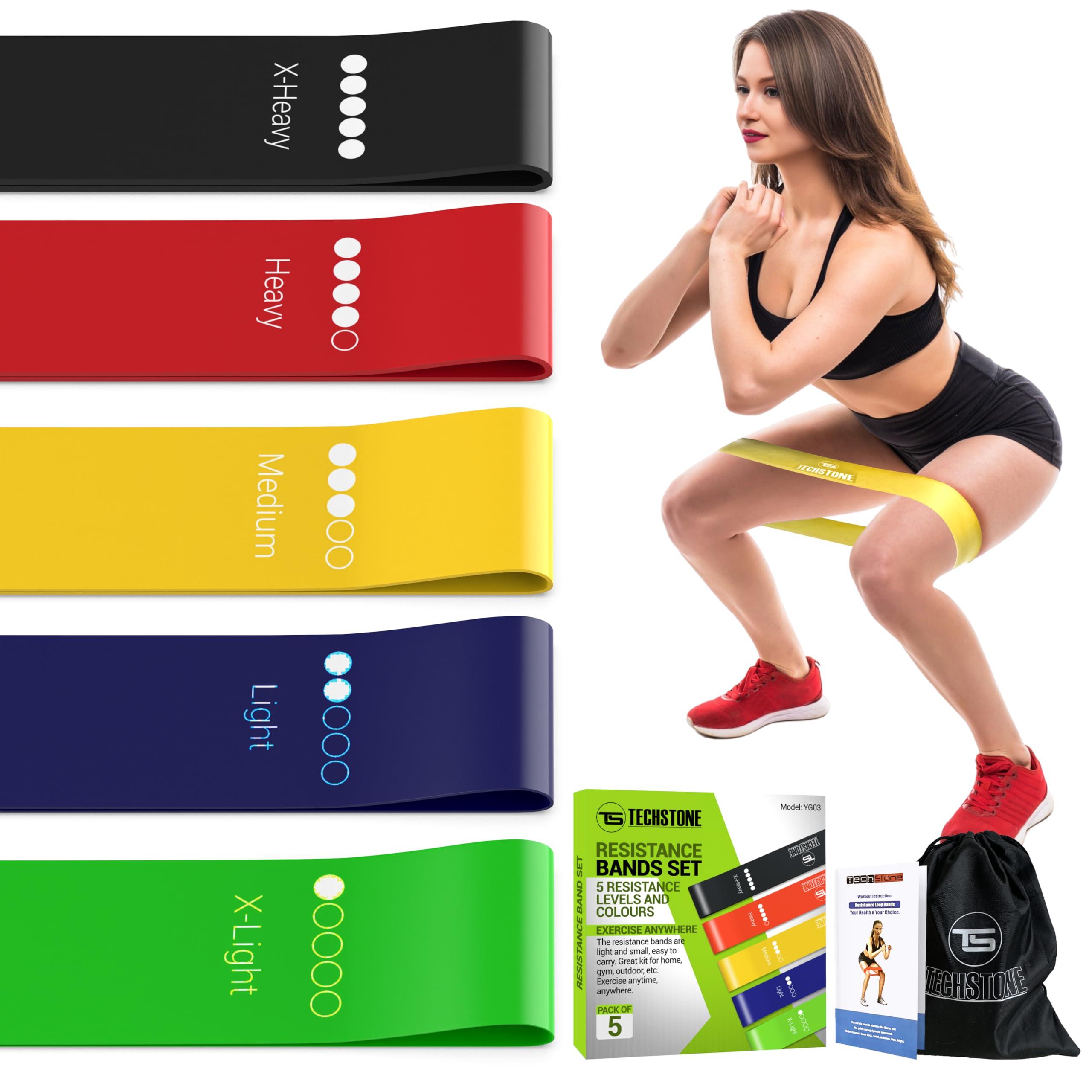 TechStone Resistance Bands Set for Men and Women, Pack of 5 Different Levels Elastic Band for Home Gym Long Exercise Workout – Great Fitness Equipment for Training, Yoga – Free Carrying Bag (Blue)