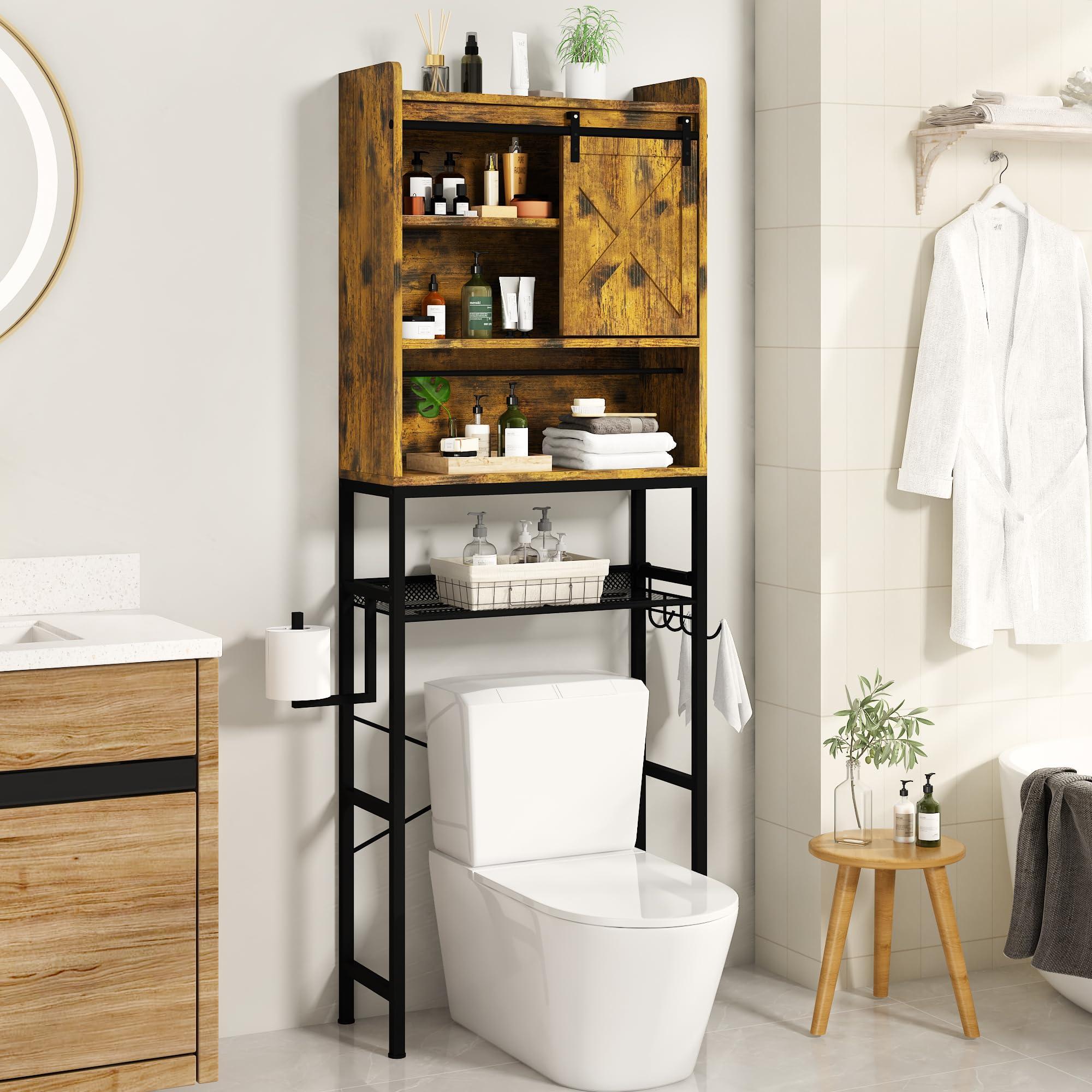 Lamerge Over The Toilet Storage Cabinet, Bathroom Organizer with Barn Door, Freestanding with Adjustable Shelf, Paper Hook, Space Saver, Retro Brown
