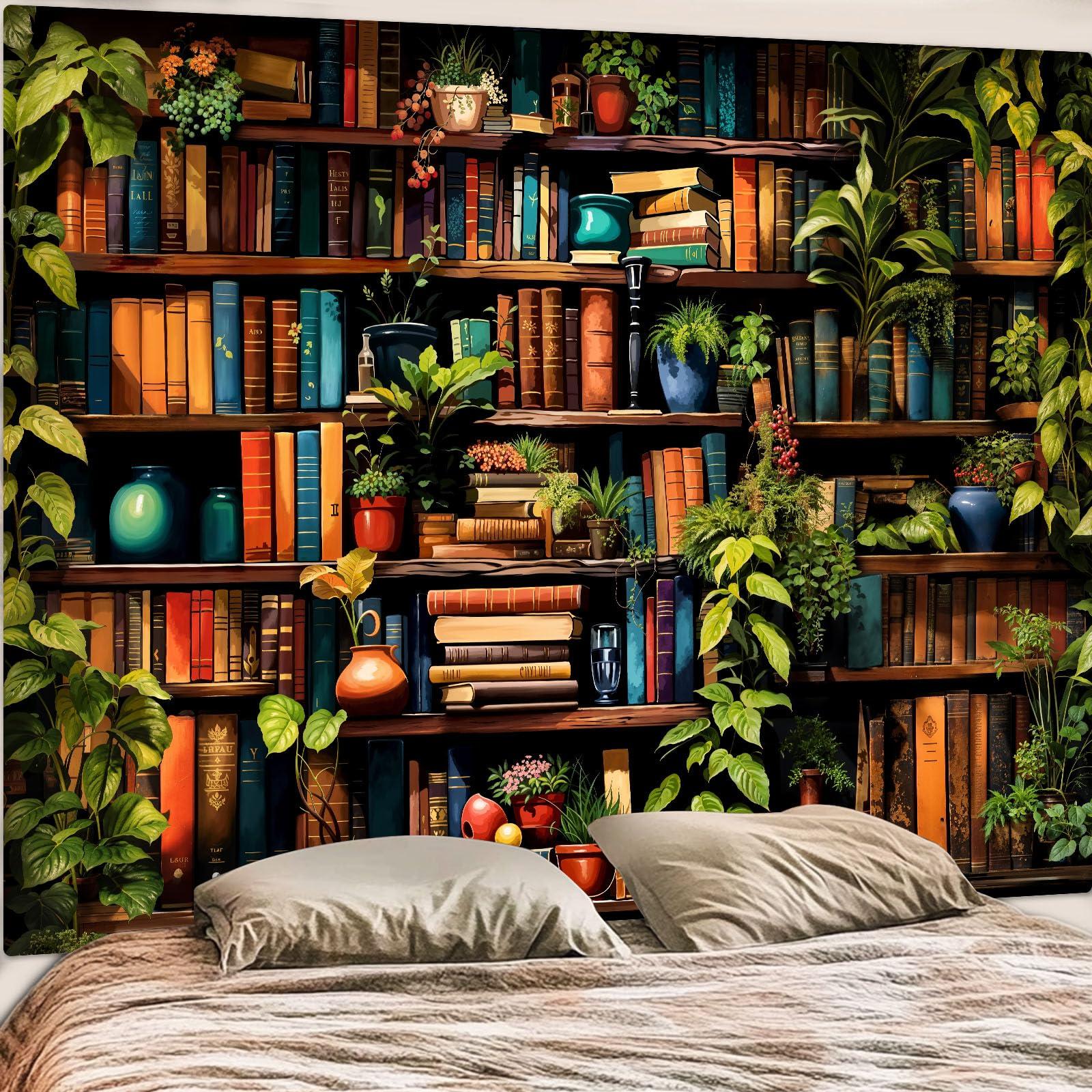 Accnicc Botanical Bookshelf Tapestry Lush Green Plant Book Shelf Tapestries Wall Hanging Art Vintage Retro Potted Plants Academics Library Book Tapestry for Bedroom Living Room Dorm 80 x 60 inch - Image 5