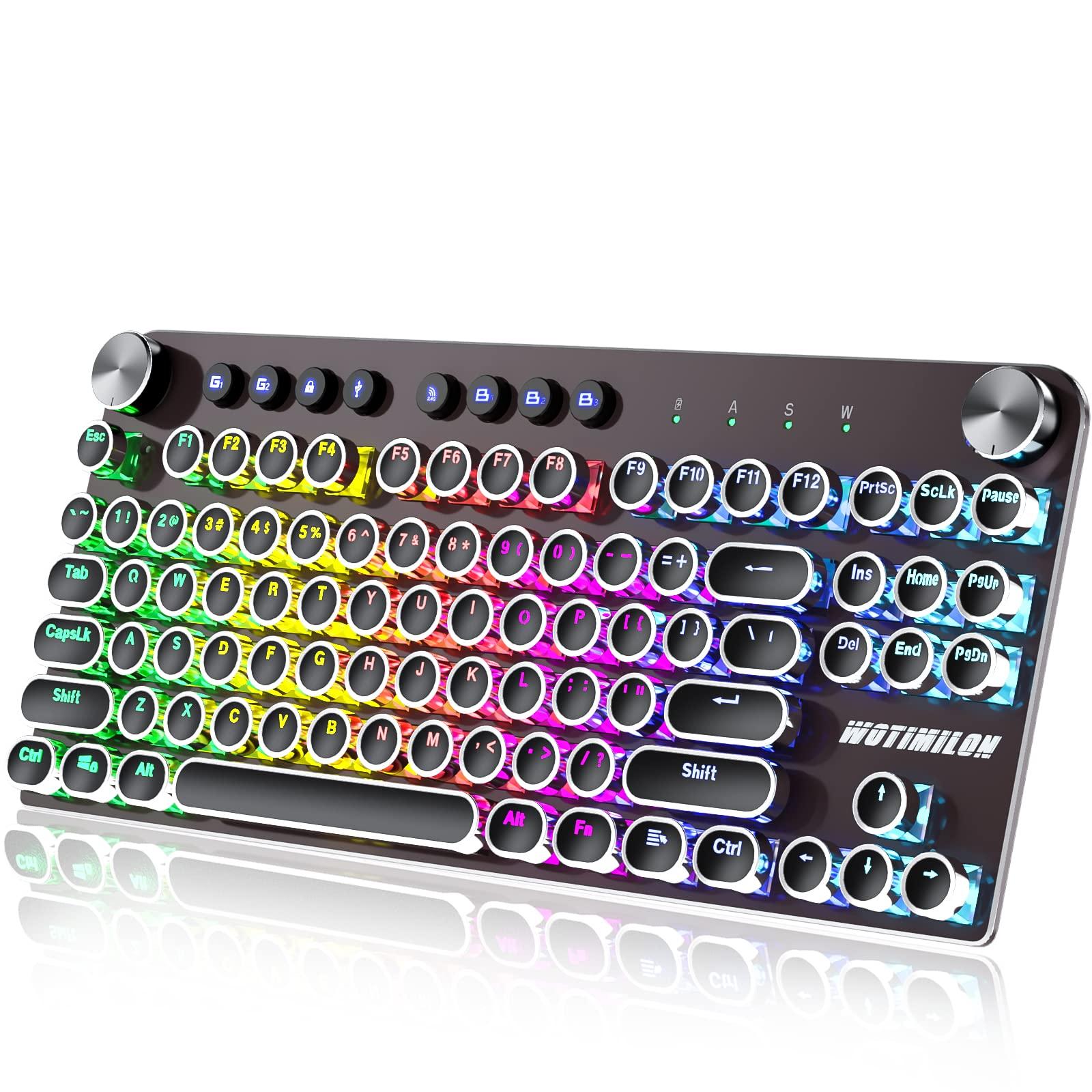 WOTIMILON Wireless Typewriter Keyboard Mechanical TKL, 2.4G/BT5.0/Wired WM87 Retro Vintage Gaming Keyboard Typewriter Style with Punk Round Keycaps True RGB Backlit, 2 Control Knobs, Clicky Switch