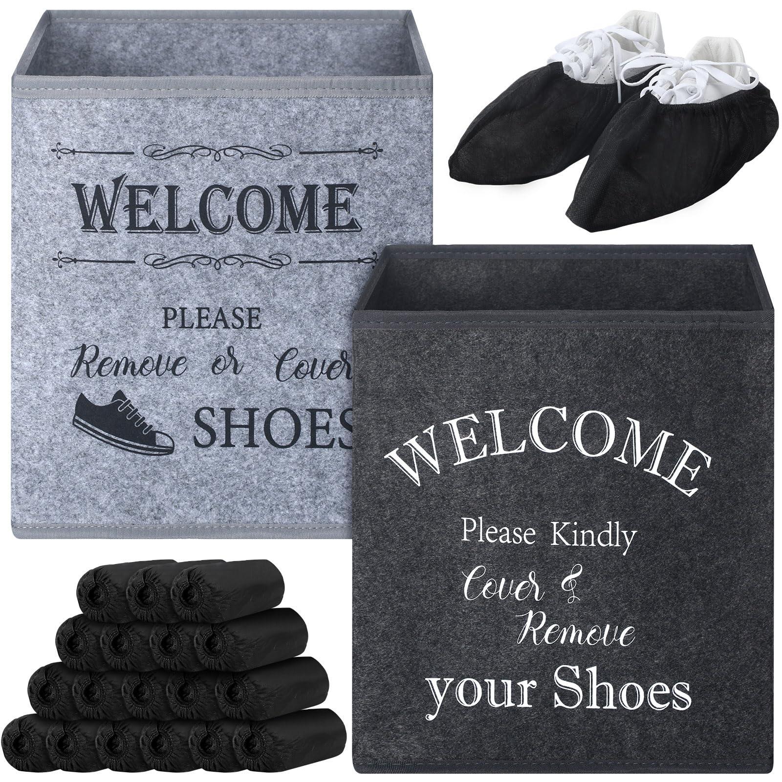 Yiyiring 2 Pcs Shoe Covers Box with 200 Pcs Disposable Non Slip Shoe Covers Booties Foot Dispenser Holder Foldable Storage Box for Indoors Open House Supplies, 10 x 10 x 11 Inch(Black)