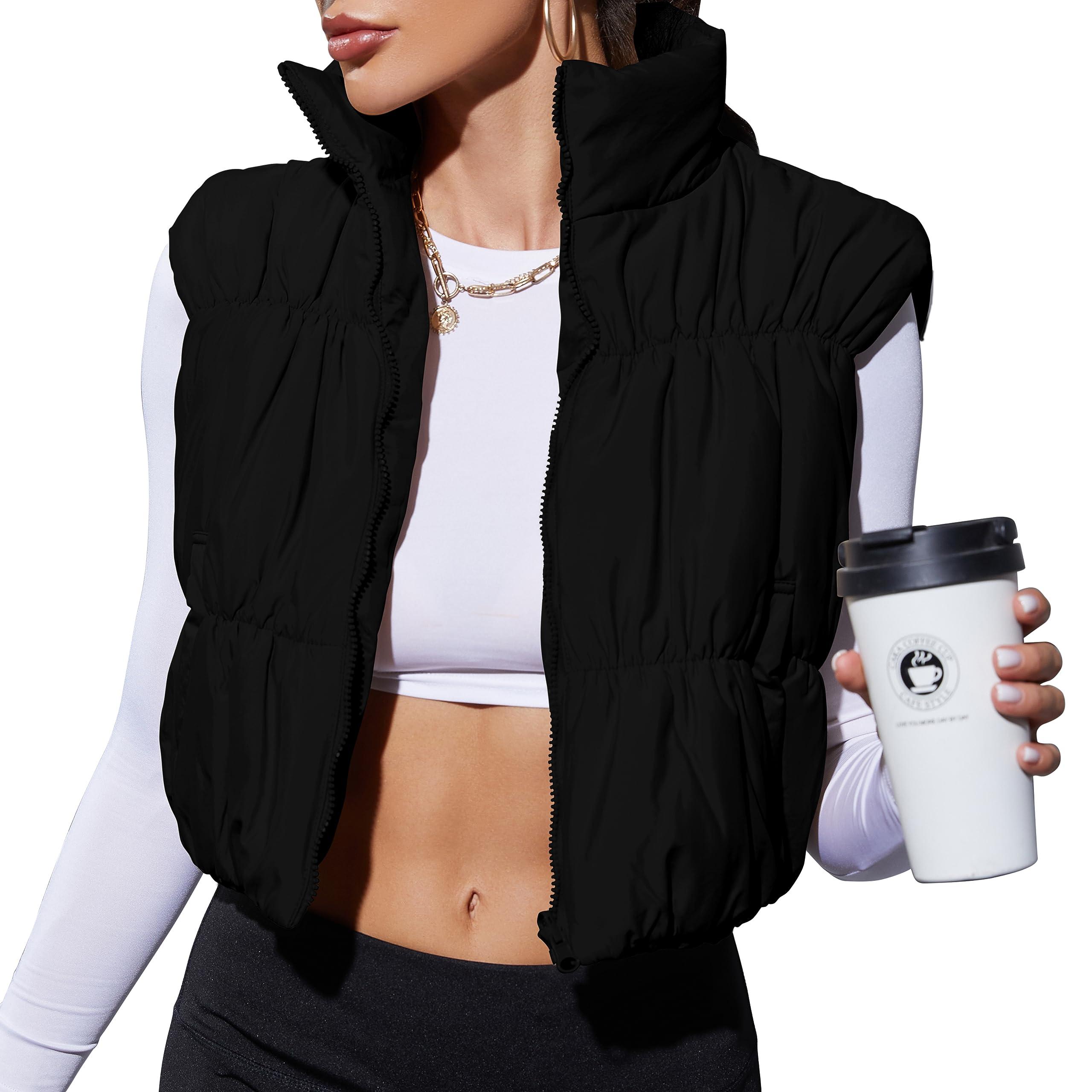 LUYAA Women's Crop Puffer Vest Lightweight Stand Collar Sleeveless Zip Up Padded Gilet Coat Black M
