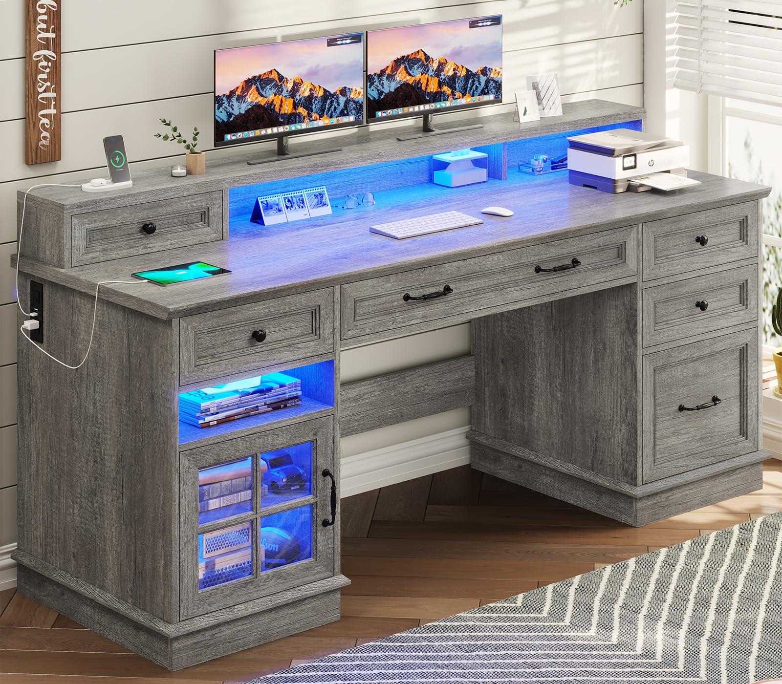 BTHFST Farmhouse Executive Desk with File Drawer, Computer Desk with Charging Station & LED Lights, Home Office Desk with Drawers & Storage Cabinet, Executive Office Desk with Monitor Stand, Grey