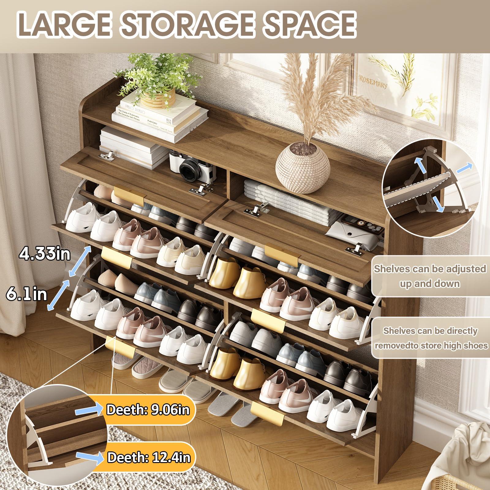 WINWY Rattan Shoe Storage Cabinet with 4 Flip Drawers & 2 Drawers, Freestanding Organizer for Front Door Entrance, Hidden Narrow Shoe Rack Cabinet Storage for Entryway, Rustic Oak Rattan - Image 6