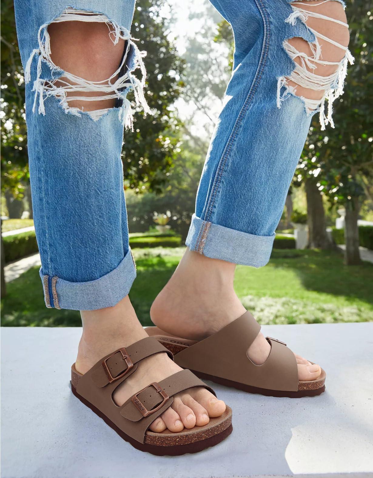 ODOLY Unisex Cork Footbed Slide Sandal, Arch Support Summer Outdoor Sandals with Adjustable Buckle for Women and Men - Image 2