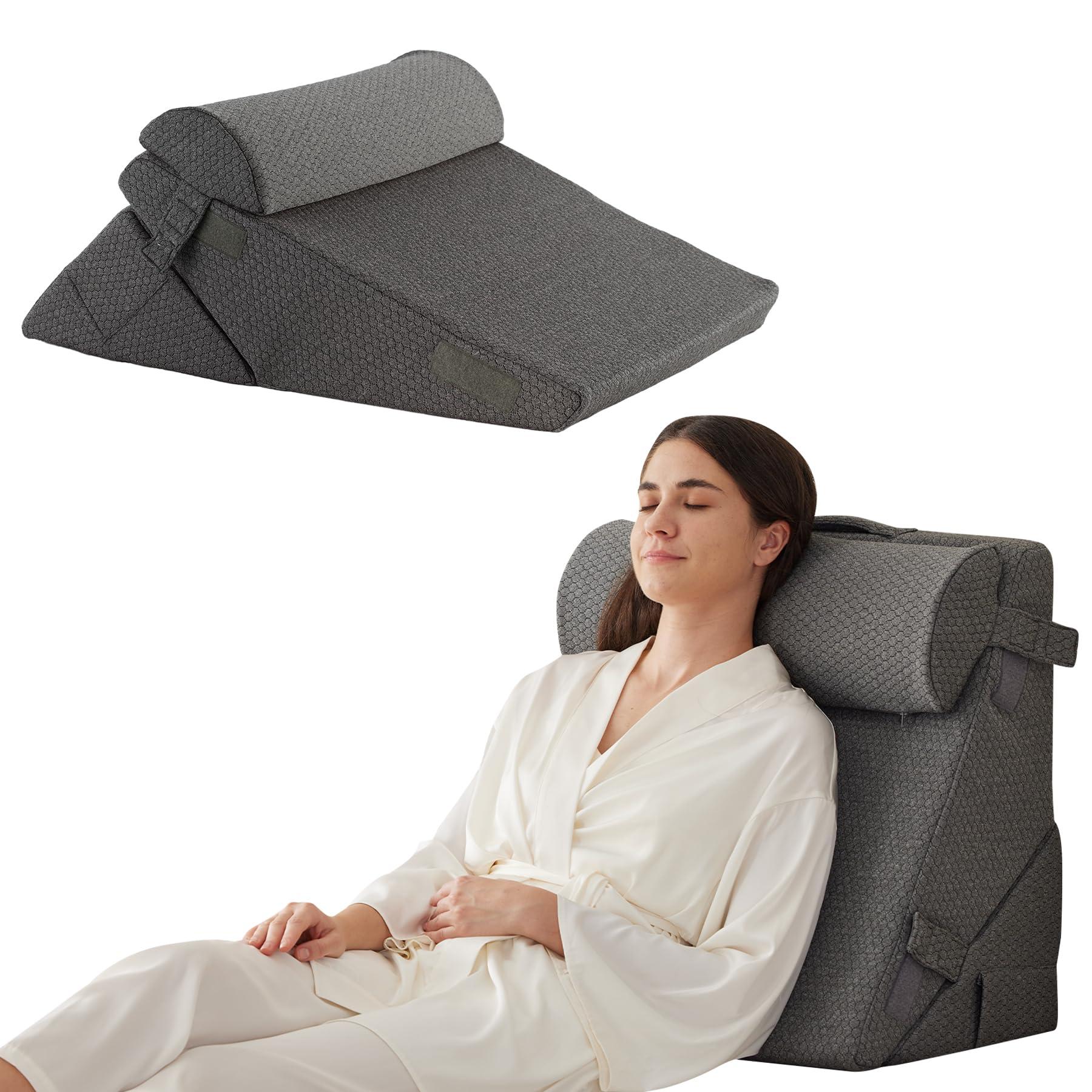 Bedluxe Adjustable 4pcs Bed Wedge Pillow Set, Memory Foam Wedge Pillows Post Surgery for Back, Neck, Leg Pain Relief, Pillow Wedge for Sleeping, Sitting up in Bed, Acid Reflux and GERD, Grey