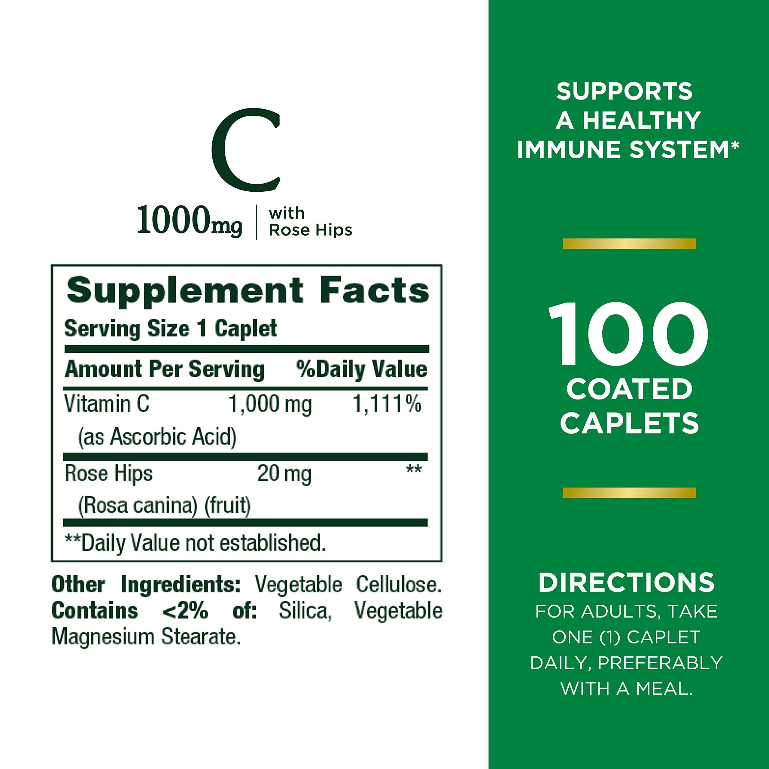 Nature's Bounty Vitamin C + Rose HIPS, Immune Support, 1000mg, Coated Caplets, 100 Ct - Image 2