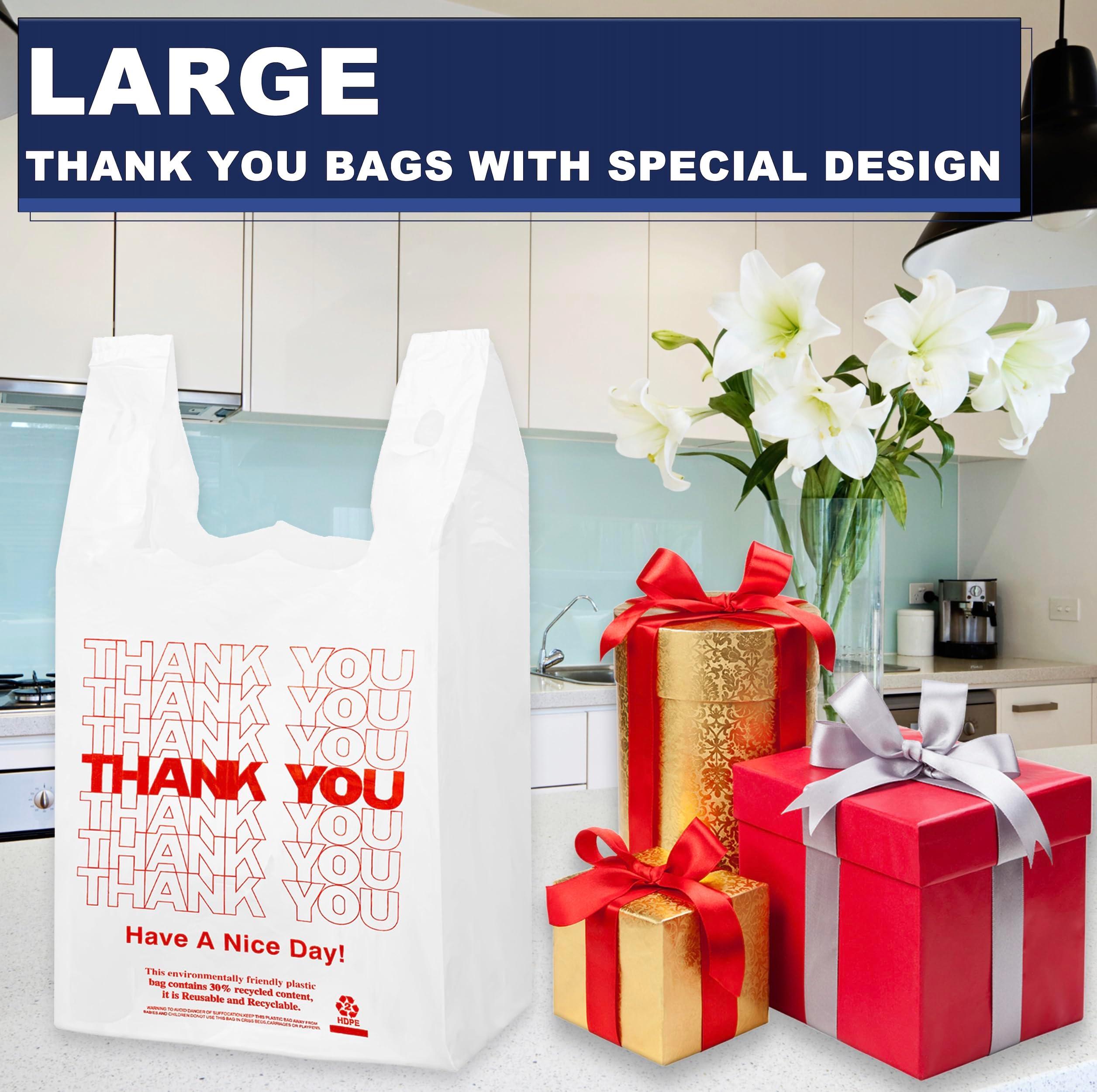 YoYoRain White Thank you T shirt bag, Grocery shopping bag Reusable and Disposable Supermarket Bag 11''x6''x21'' 100PCS - Image 3