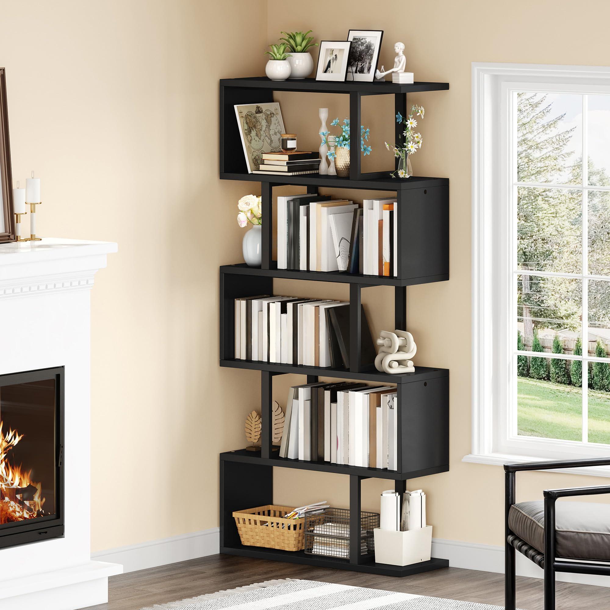 YITAHOME Geometric Bookshelf, 6-Tier Bookshelf S-Shaped Bookshelves, Modern Geometric Bookcase Freestanding Multifunctional Storage Shelving for Living Room Home Office, Black