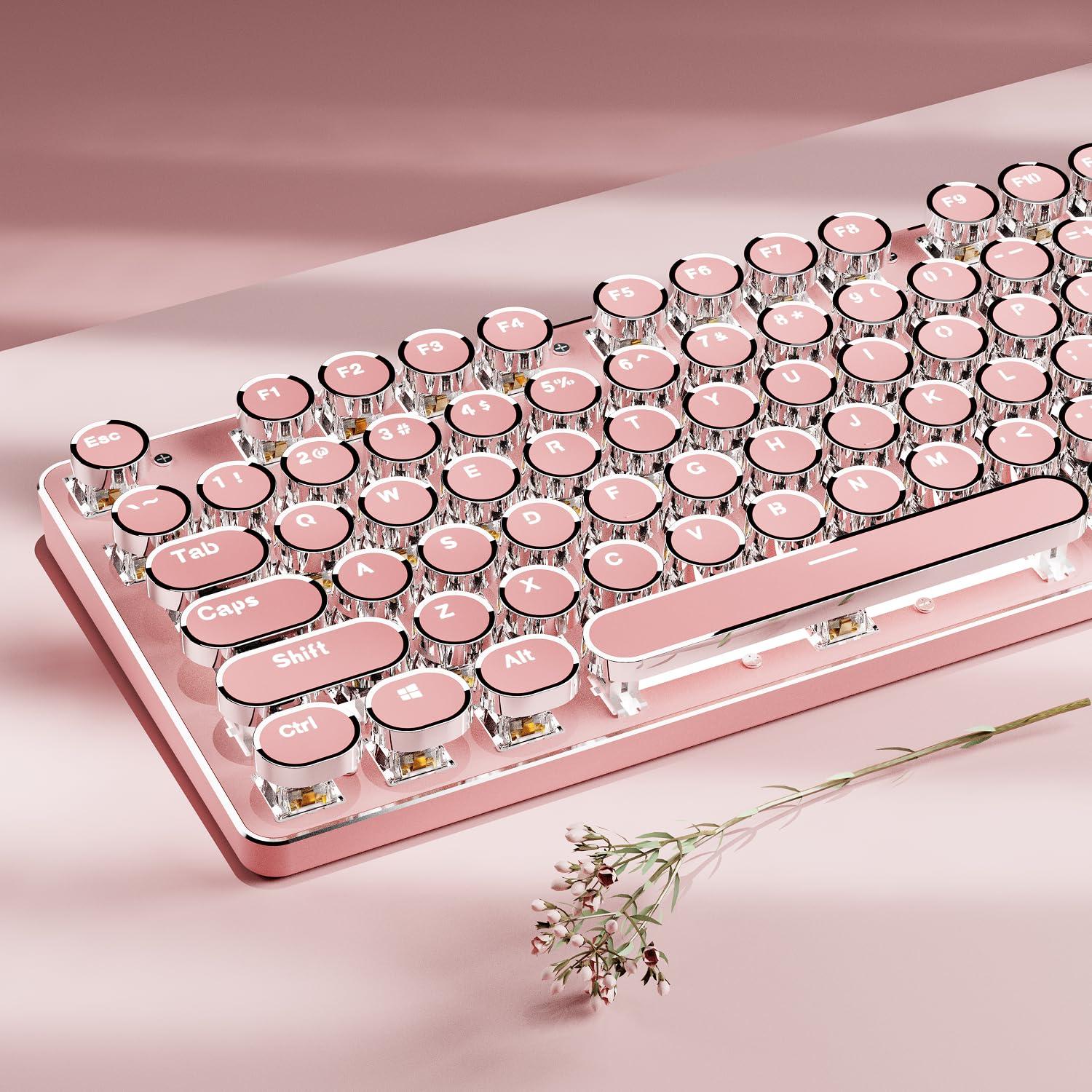 EWEADN TK950 Typewriter Keyboard Wireless Mechanical Keyboards, 104 Keys Aesthetic Typewriter Keyboard with White Backlit, Anti-Ghosting, Blue Switch Bluetooth/2.4GHz/USB-C Wired Cute Keyboards-Pink - Image 9
