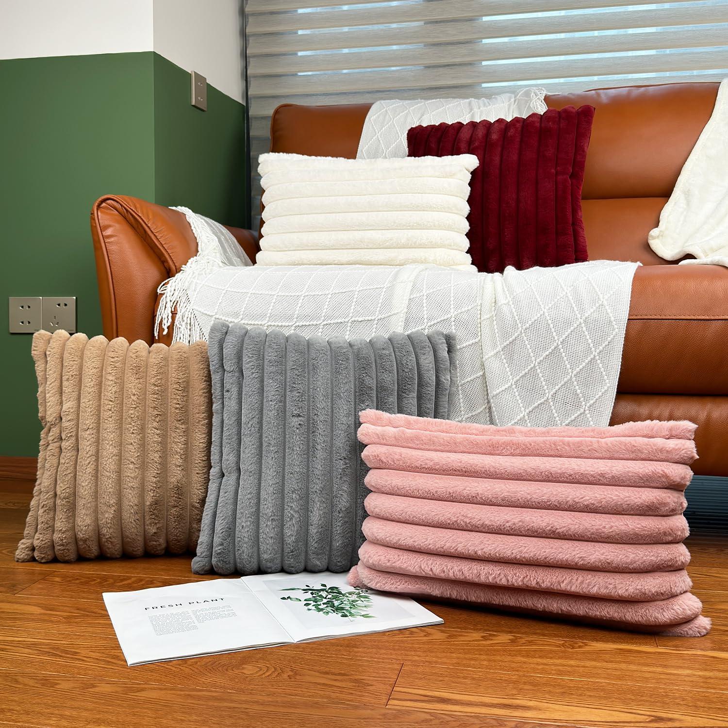 18x18 Throw Pillow Covers Set of 2, Decorative Faux Fur Covers for Bed, Couch Soft Fluffy Pillow Cover with Velvet Back for Living Room, Neutral Home Décor Accent for Sofa - Pink - Image 6