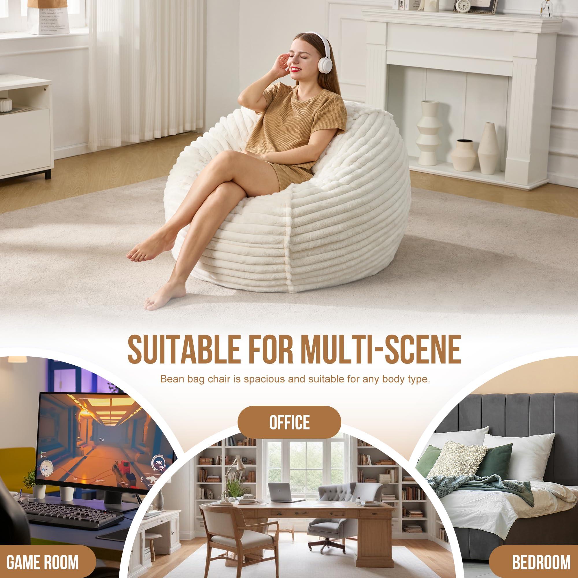 Hobestluk 3ft Bean Bag Chairs for Adults Large Beanbag Chair with Stripe Plush Cover Big Bean Bag Chair for Living Room Bedroom Dorm Office - White (36” x 36” x 22”) - Image 6