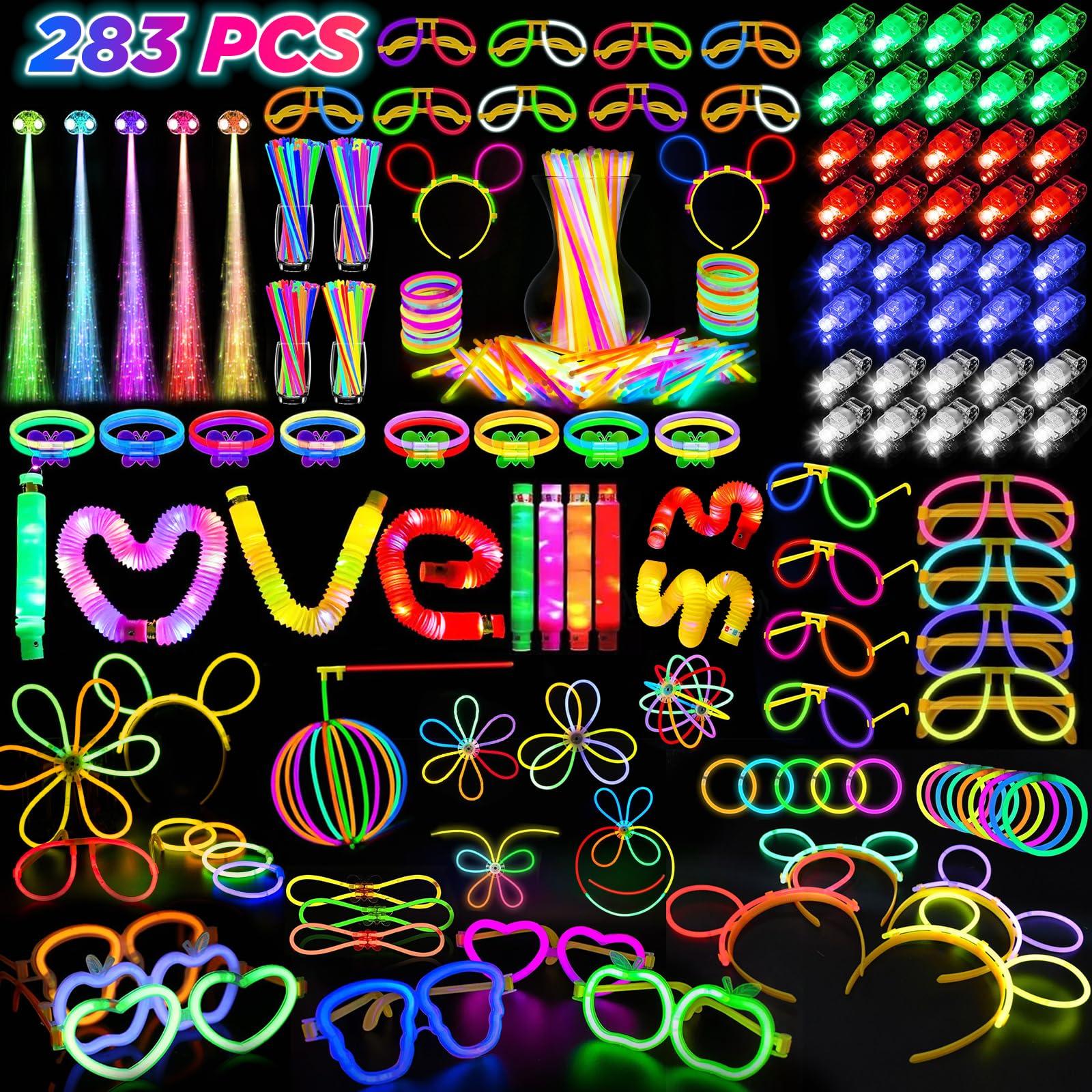 SHQDD Glow in the Dark Party Favors for Adults Kids, 27 Carnival Accessories, 56 LED Light Up Toys Bulk, 100 Glow Sticks Party Pack, Neon Party Supplies & Decorations
