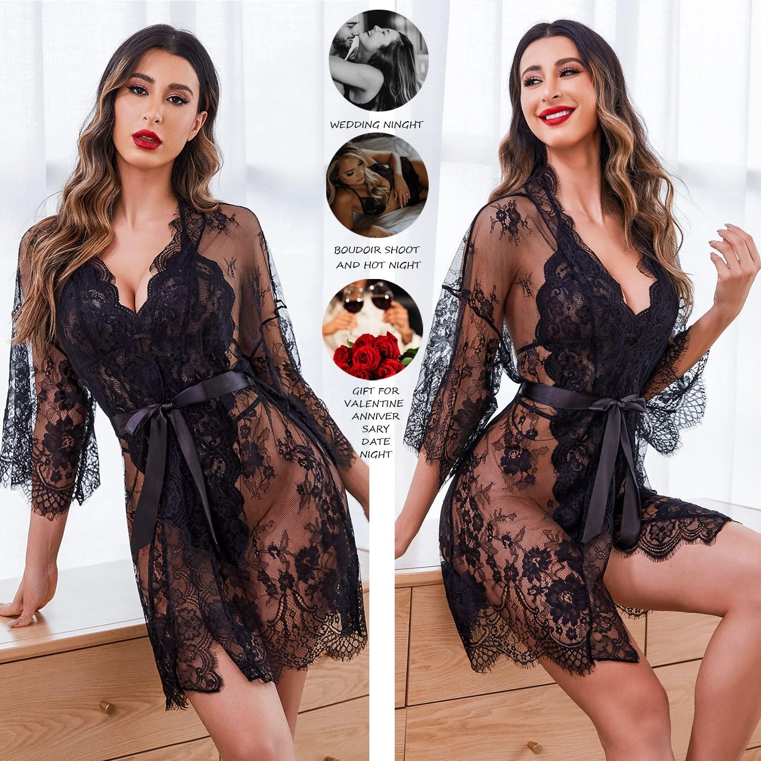 Avidlove Women Sexy Lingerie Set 2 Piece Lace Kimono Robe with Lace Teddy Lingerie Bodysuit - Image 3