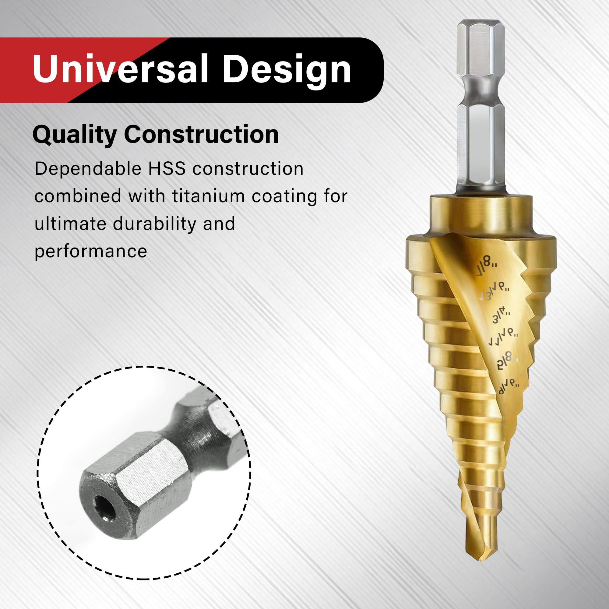 AIMLENTOOL 3PC Step Drill Bit Set, 1/4" Hex Shank High-Speed Steel Spiral Grooved Step Drill Bit for Sheet Aluminium Metal Wood Hole Drilling, 31 Step Sizes Taper Drill bit Set for DIY Lovers - Image 4