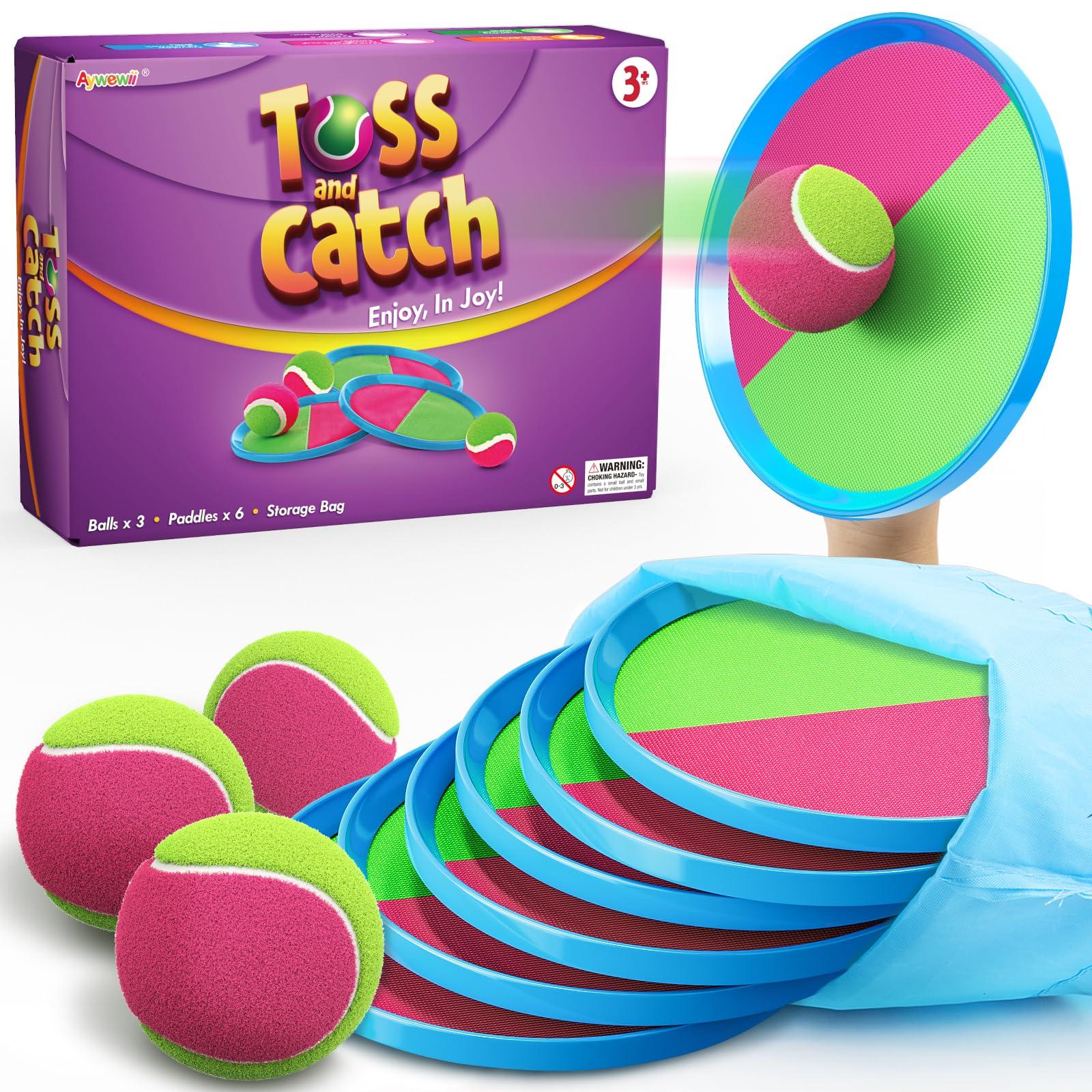 Aywewii Toss and Catch Ball Set Kids Games, Beach Outdoor Toys for Kid with 6 Paddles and 3 Balls Kids Toys Outside Boys Game Age 3-12 Easter Basket Stuffers Birthday Gift